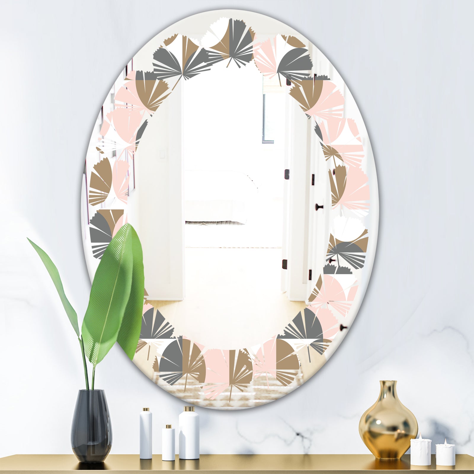 Retro Circular Pattern IV - Modern Round or Oval Wall Mirror - Leaves