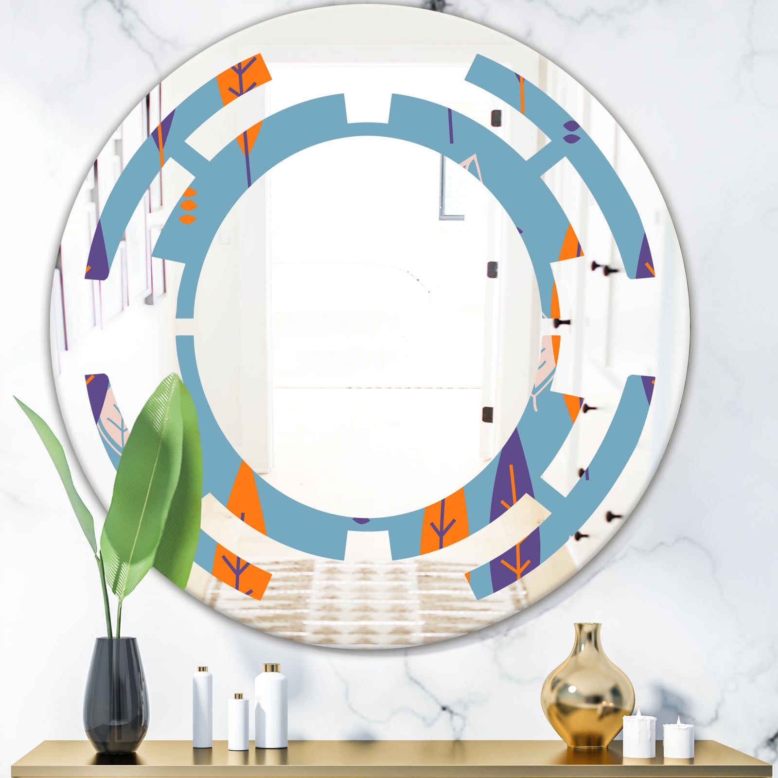 Floral Retro Botanical Pattern II - Modern Round or Oval Wall Mirror - Space