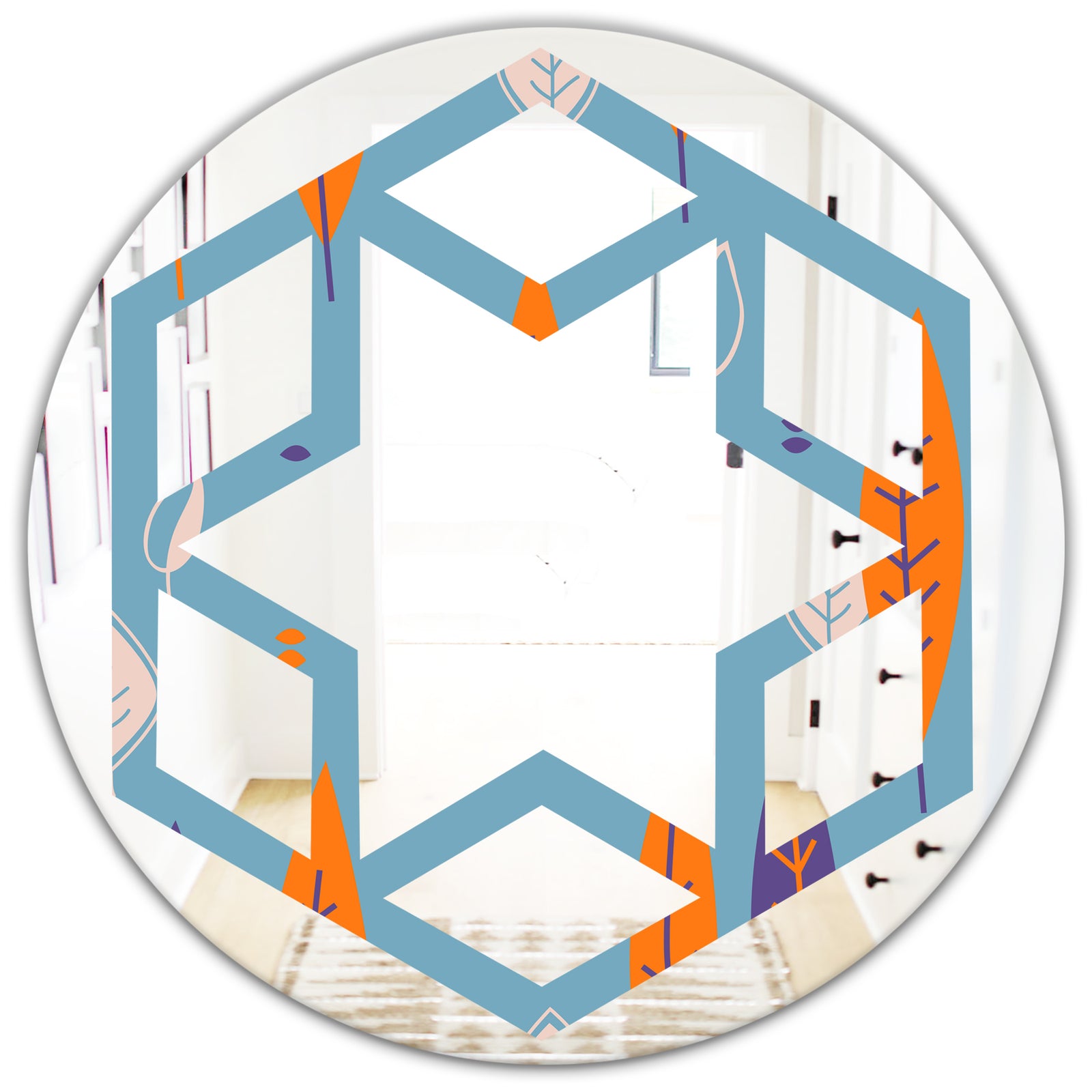 Floral Retro Botanical Pattern II - Modern Round or Oval Wall Mirror - Hexagon Star