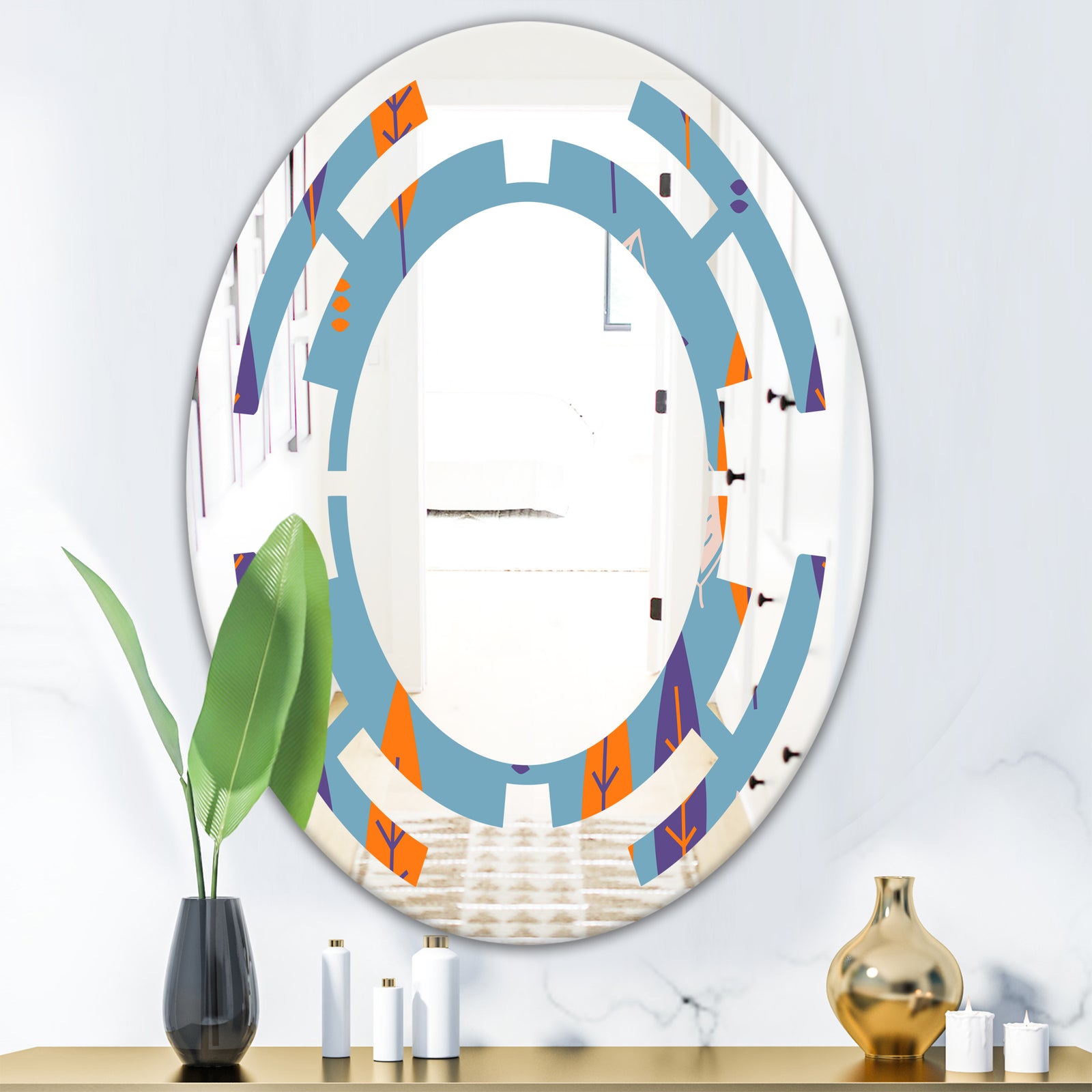 Floral Retro Botanical Pattern II - Modern Round or Oval Wall Mirror - Space