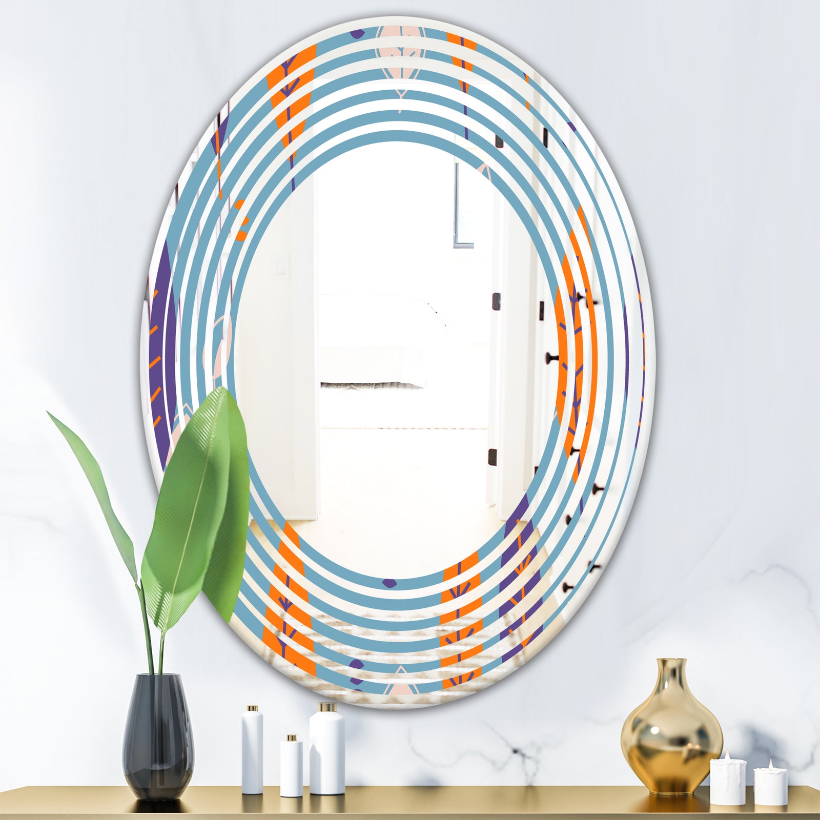Floral Retro Botanical Pattern II - Modern Round or Oval Wall Mirror - Wave