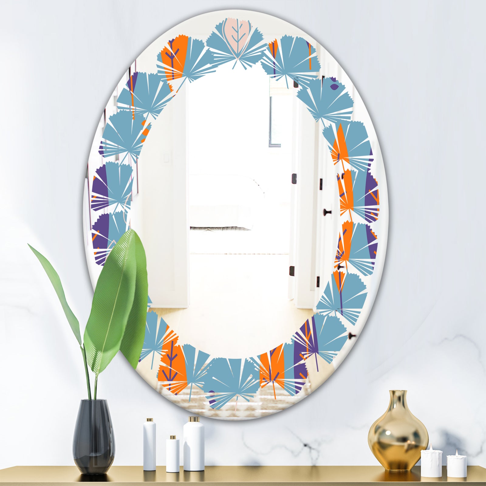 Floral Retro Botanical Pattern II - Modern Round or Oval Wall Mirror - Leaves