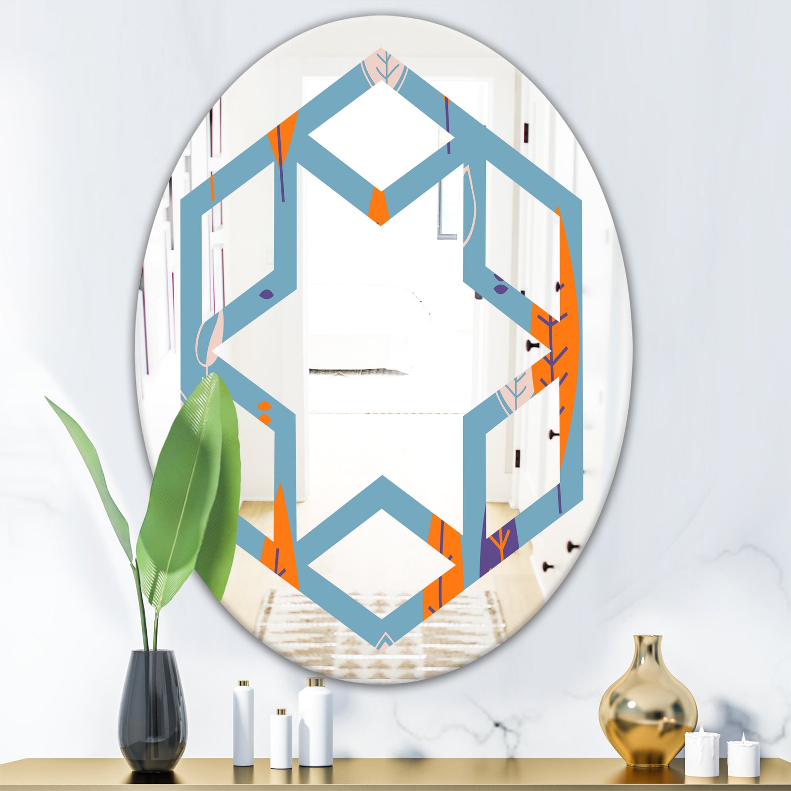 Floral Retro Botanical Pattern II - Modern Round or Oval Wall Mirror - Hexagon Star