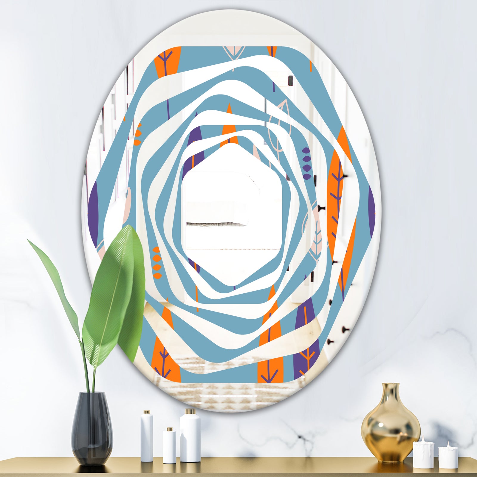 Floral Retro Botanical Pattern II - Modern Round or Oval Wall Mirror - Whirl
