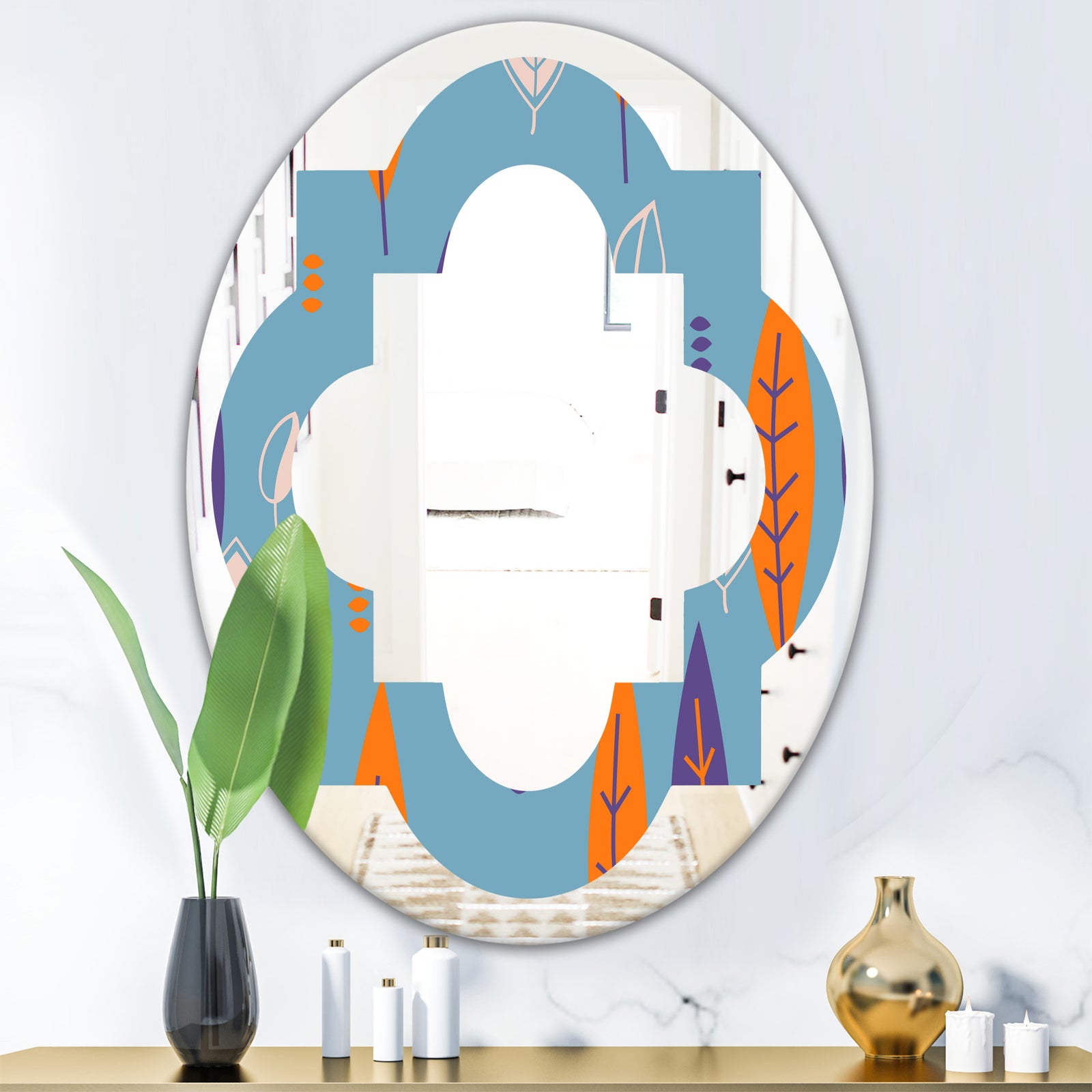 Floral Retro Botanical Pattern II - Modern Round or Oval Wall Mirror - Quatrefoil
