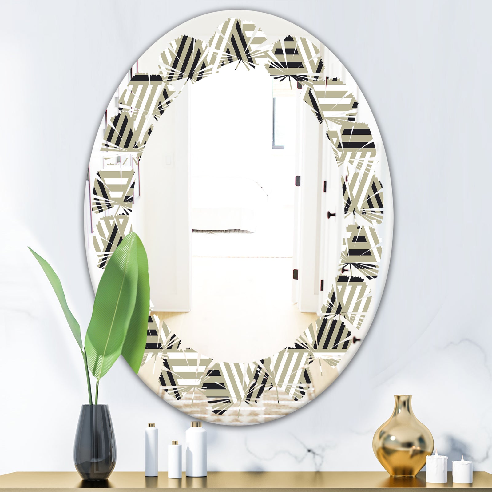 Triangular Retro Design VIII - Modern Round or Oval Wall Mirror - Leaves