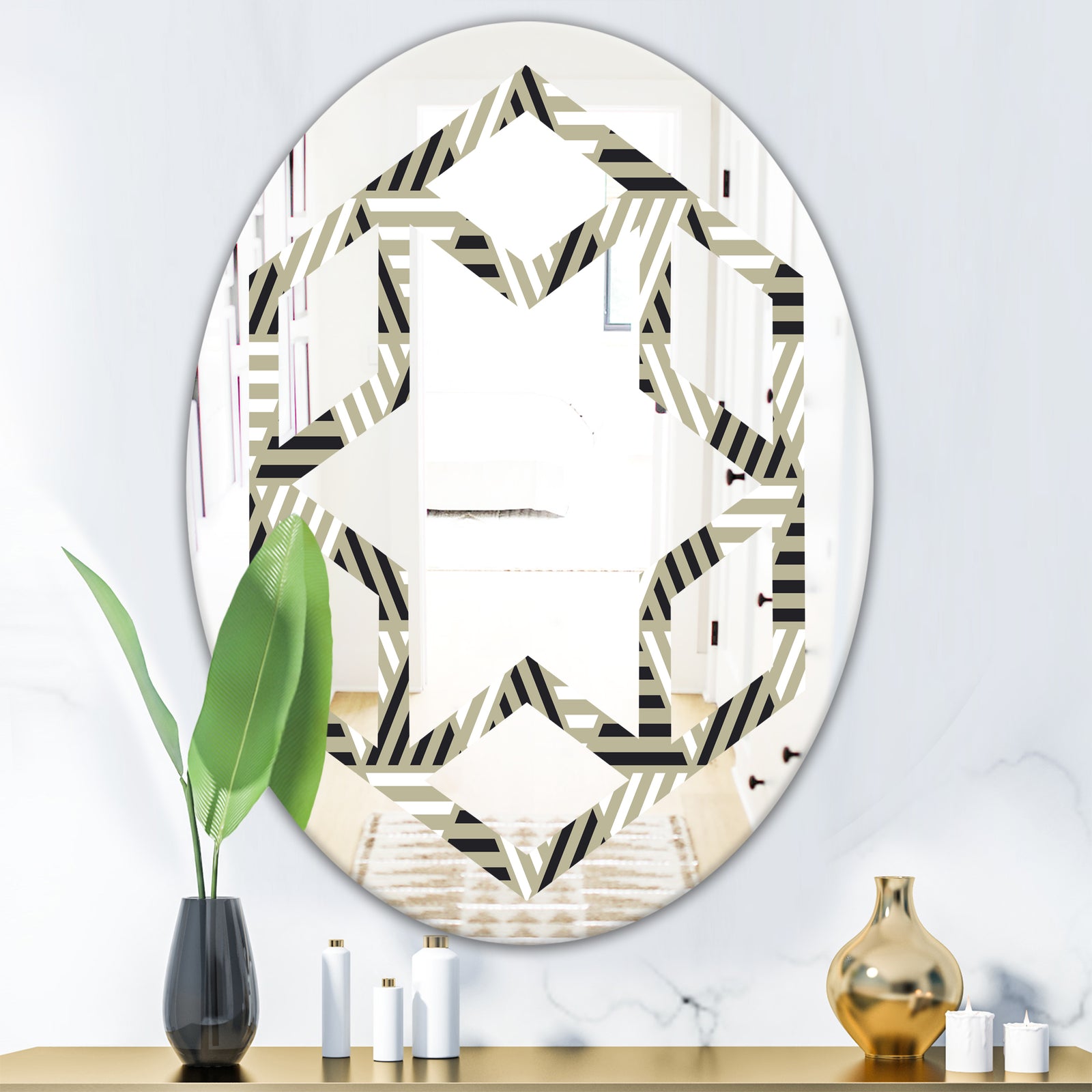 Triangular Retro Design VIII - Modern Round or Oval Wall Mirror - Hexagon Star