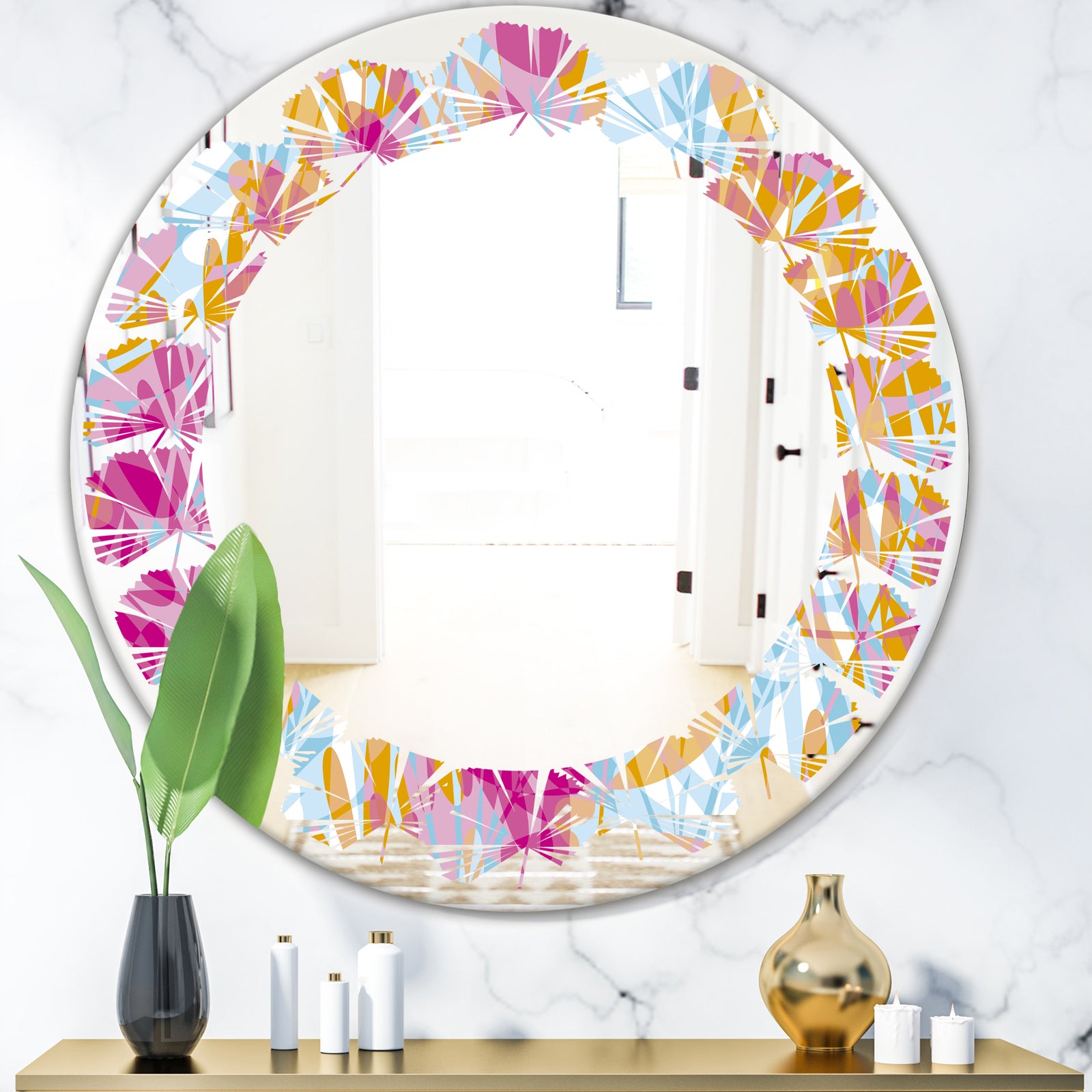 Retro Floral Pattern III - Modern Round or Oval Wall Mirror - Leaves