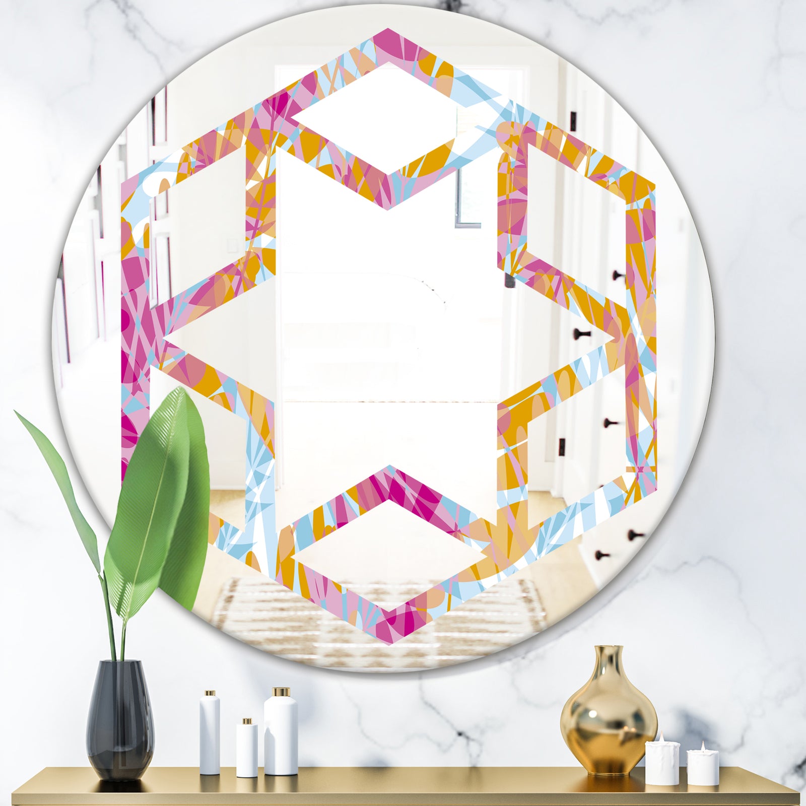 Retro Floral Pattern III - Modern Round or Oval Wall Mirror - Hexagon Star