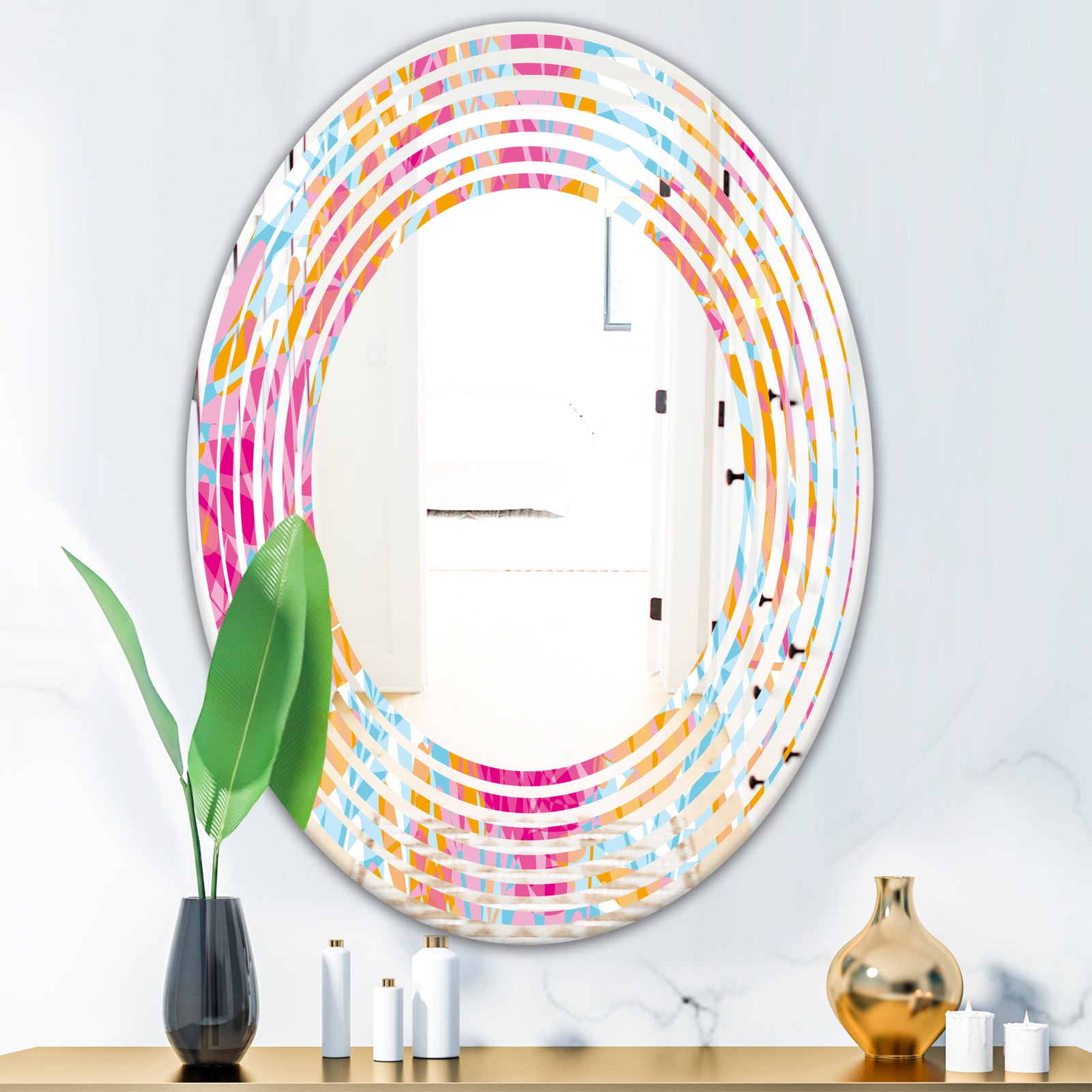 Retro Floral Pattern III - Modern Round or Oval Wall Mirror - Wave