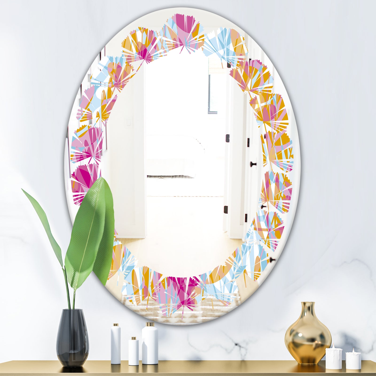 Retro Floral Pattern III - Modern Round or Oval Wall Mirror - Leaves
