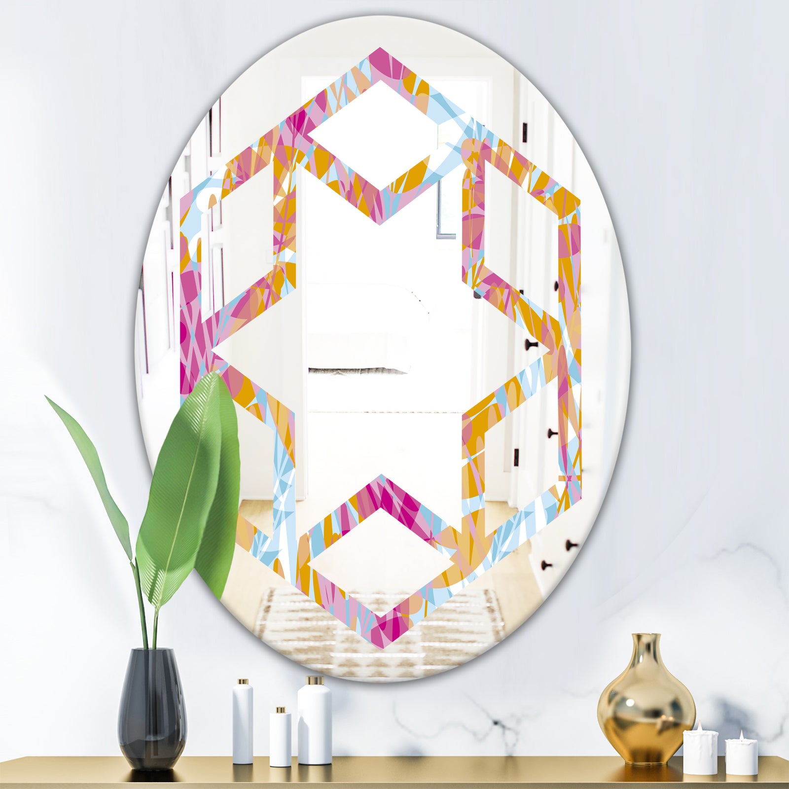 Retro Floral Pattern III - Modern Round or Oval Wall Mirror - Hexagon Star