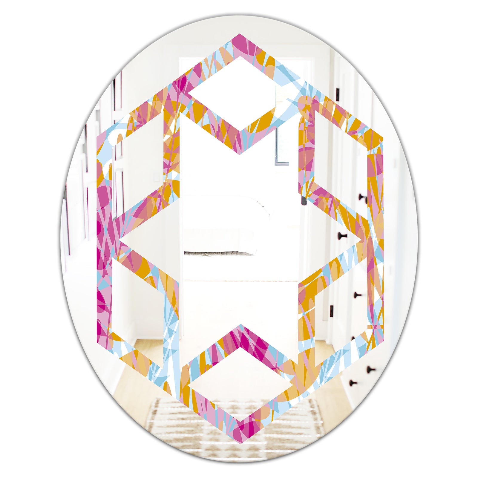 Retro Floral Pattern III - Modern Round or Oval Wall Mirror - Hexagon Star