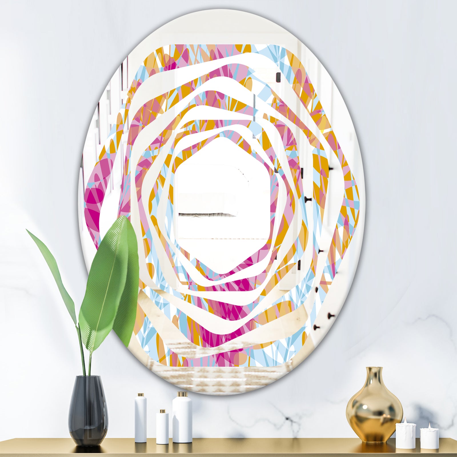 Retro Floral Pattern III - Modern Round or Oval Wall Mirror - Whirl