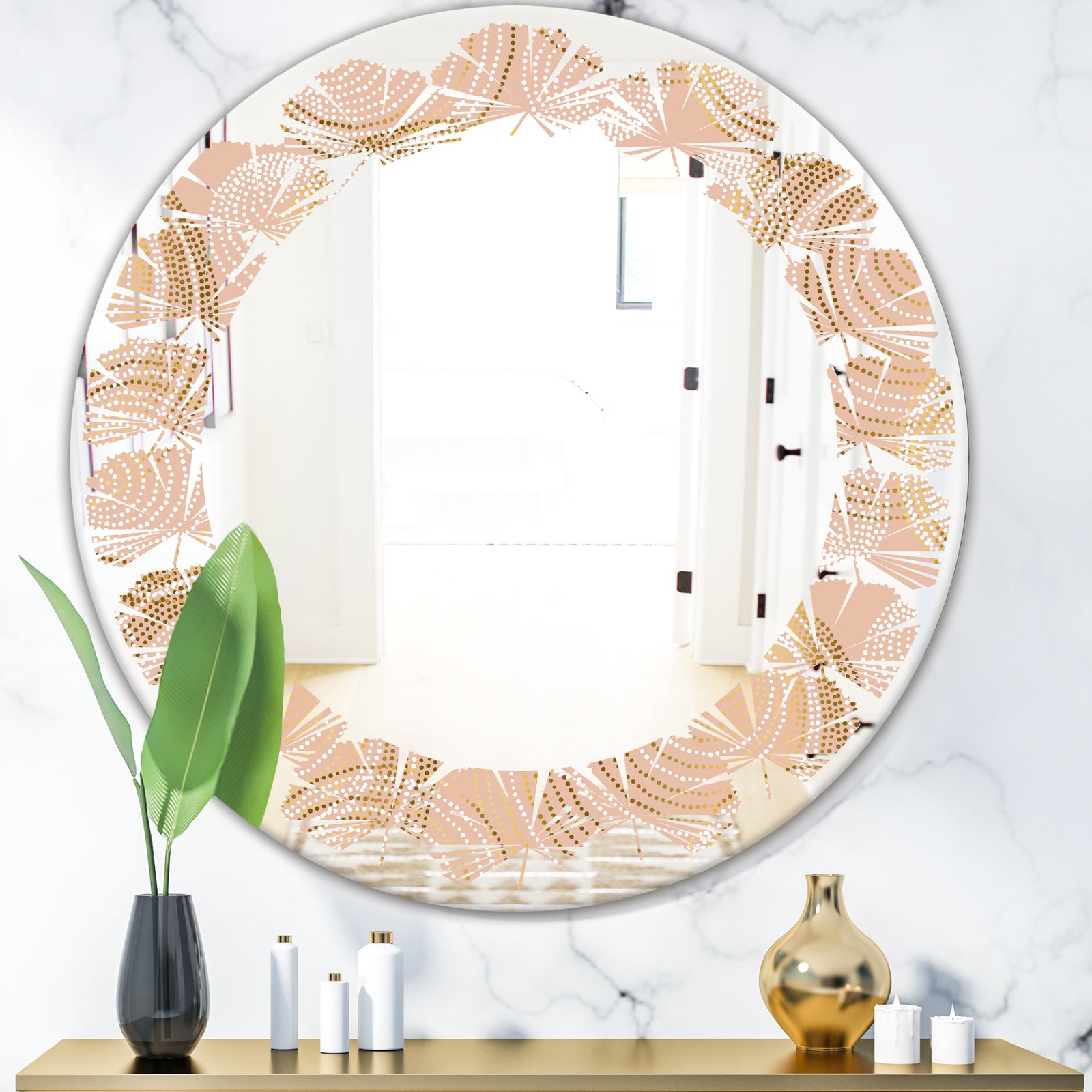 Rose Gold Abstract Geometry Luxury - Modern Round or Oval Wall Mirror - Leaves
