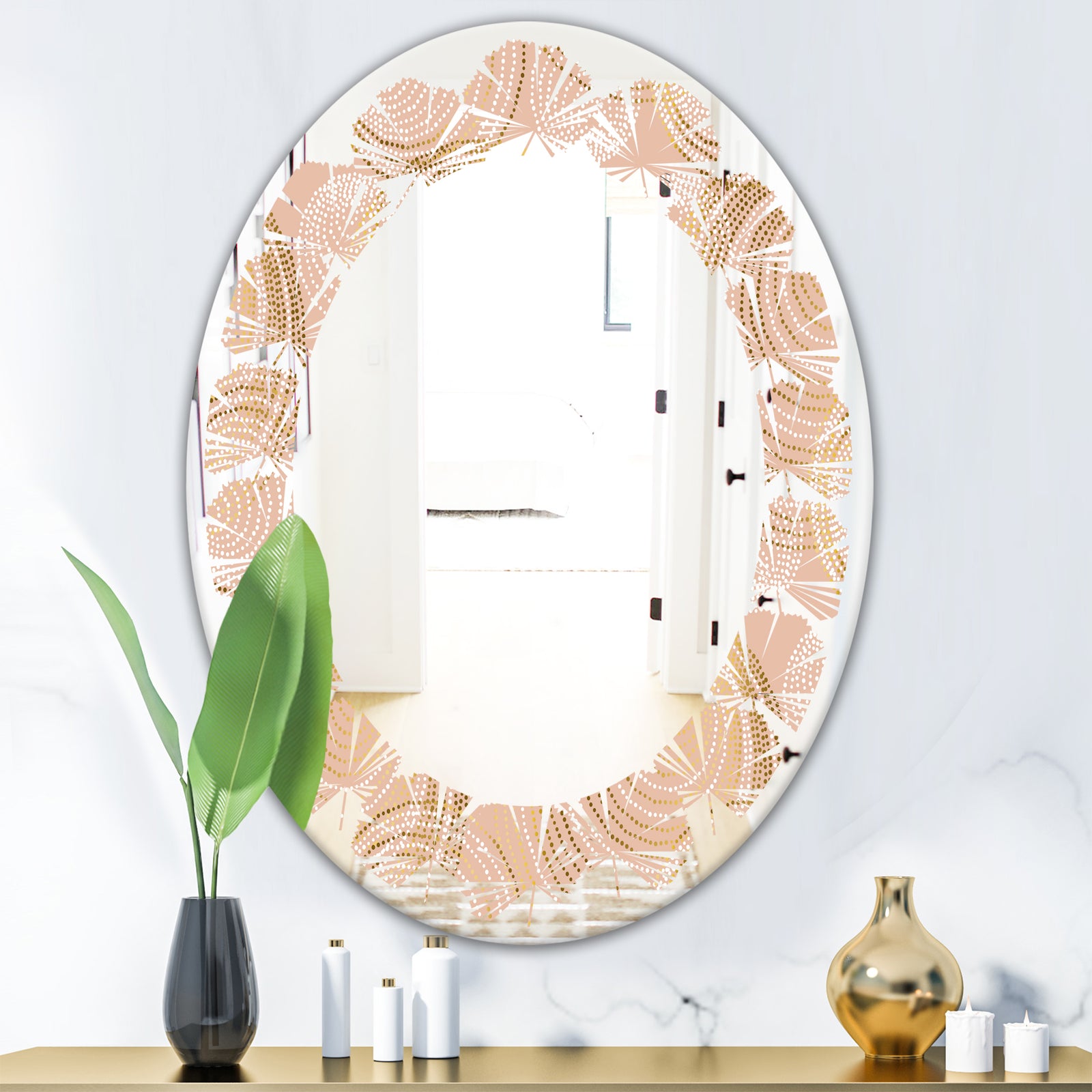 Rose Gold Abstract Geometry Luxury - Modern Round or Oval Wall Mirror - Leaves