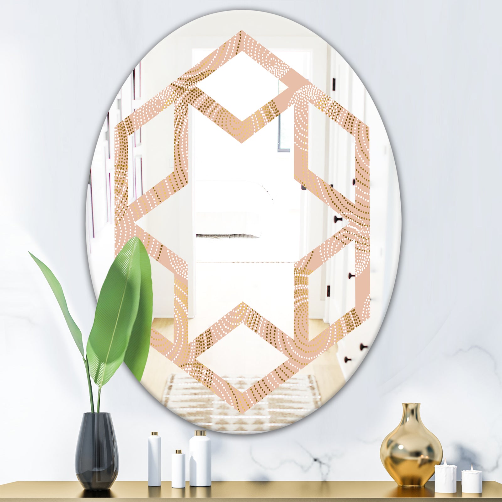 Rose Gold Abstract Geometry Luxury - Modern Round or Oval Wall Mirror - Hexagon Star