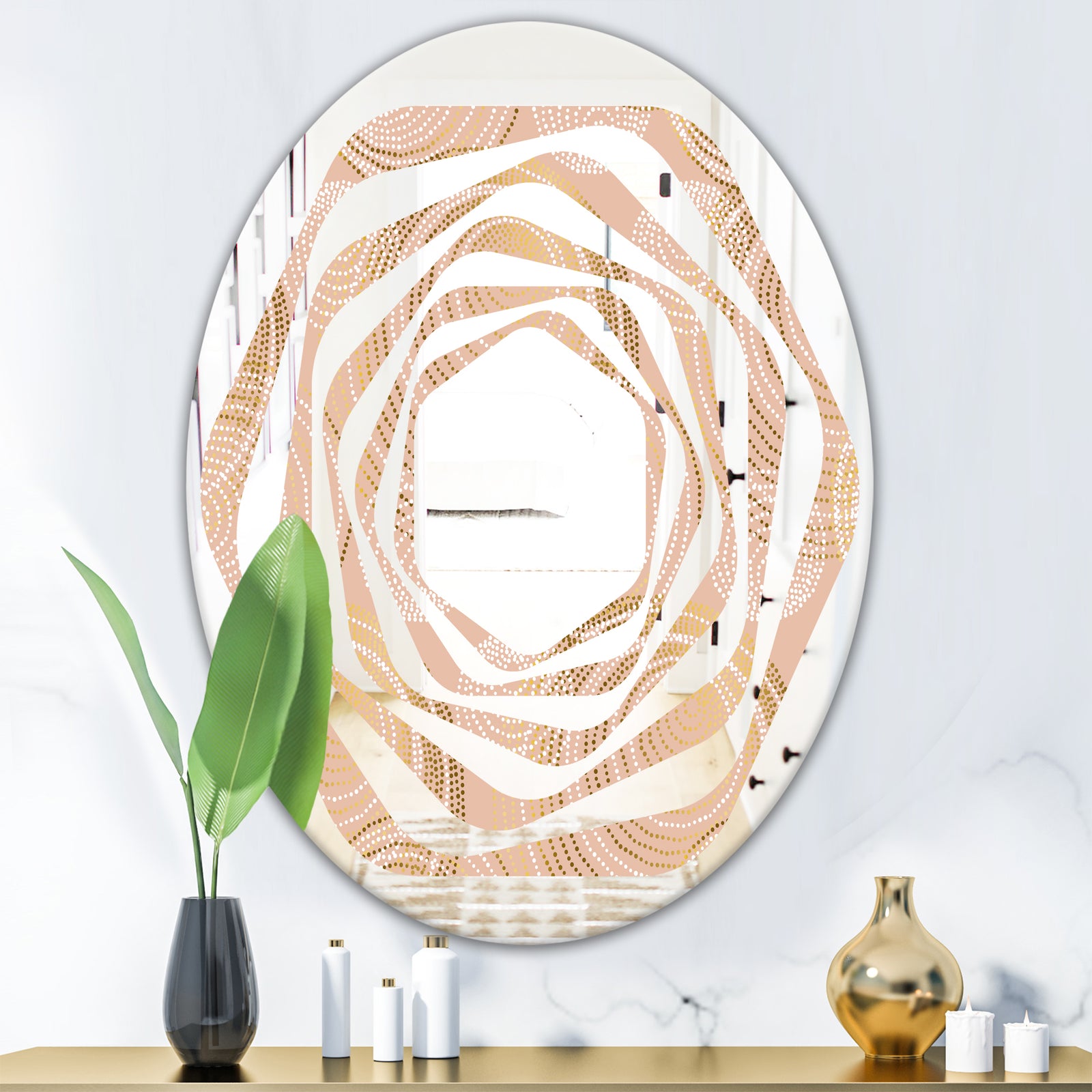 Rose Gold Abstract Geometry Luxury - Modern Round or Oval Wall Mirror - Whirl