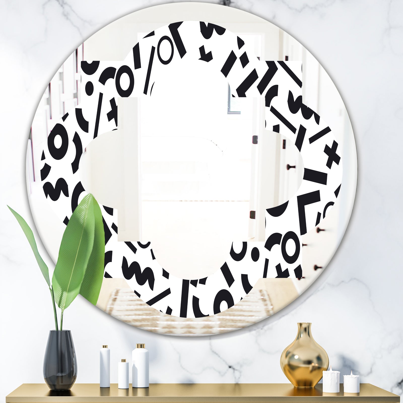 Monochrome Geometric Pattern XIII - Modern Round or Oval Wall Mirror - Quatrefoil