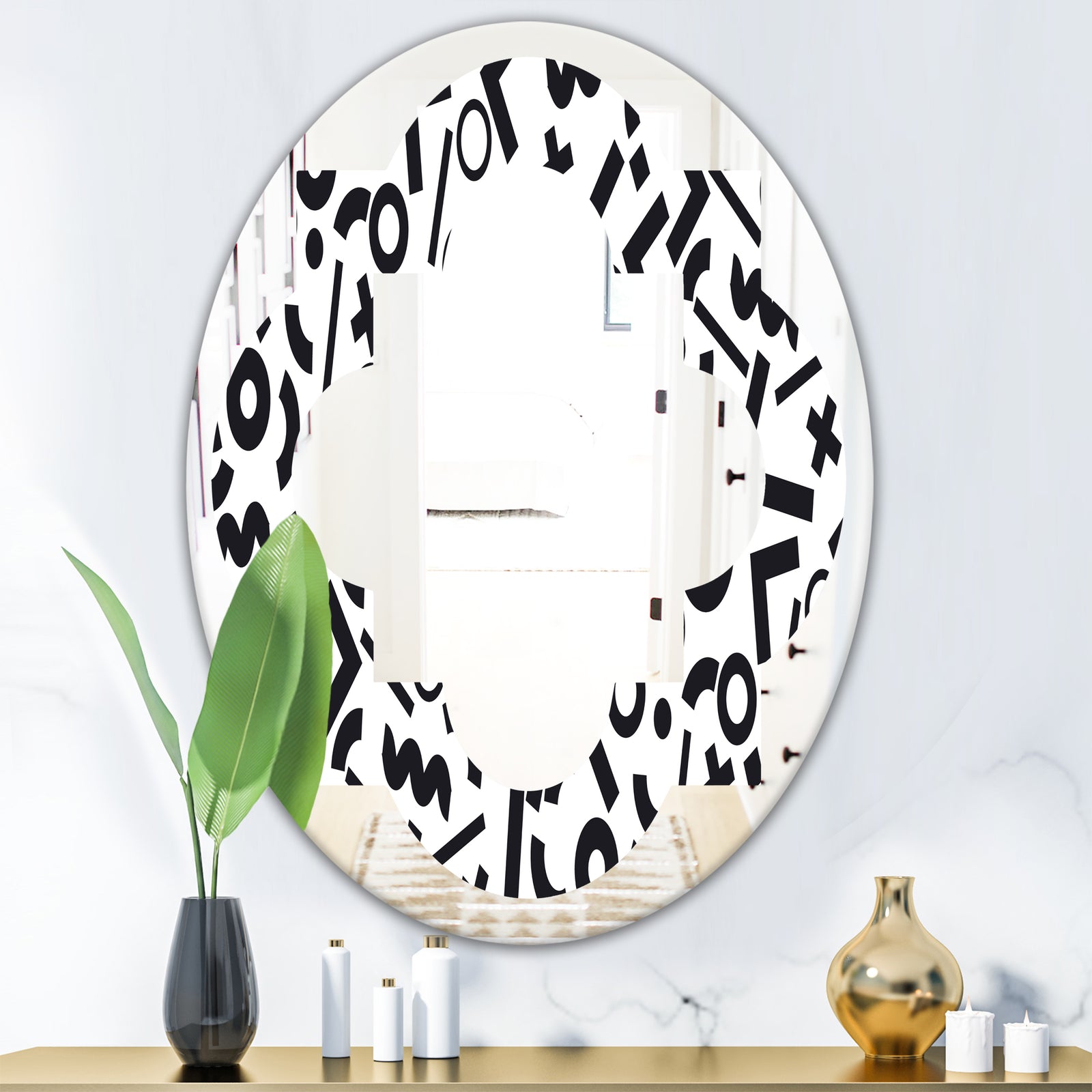 Monochrome Geometric Pattern XIII - Modern Round or Oval Wall Mirror - Quatrefoil