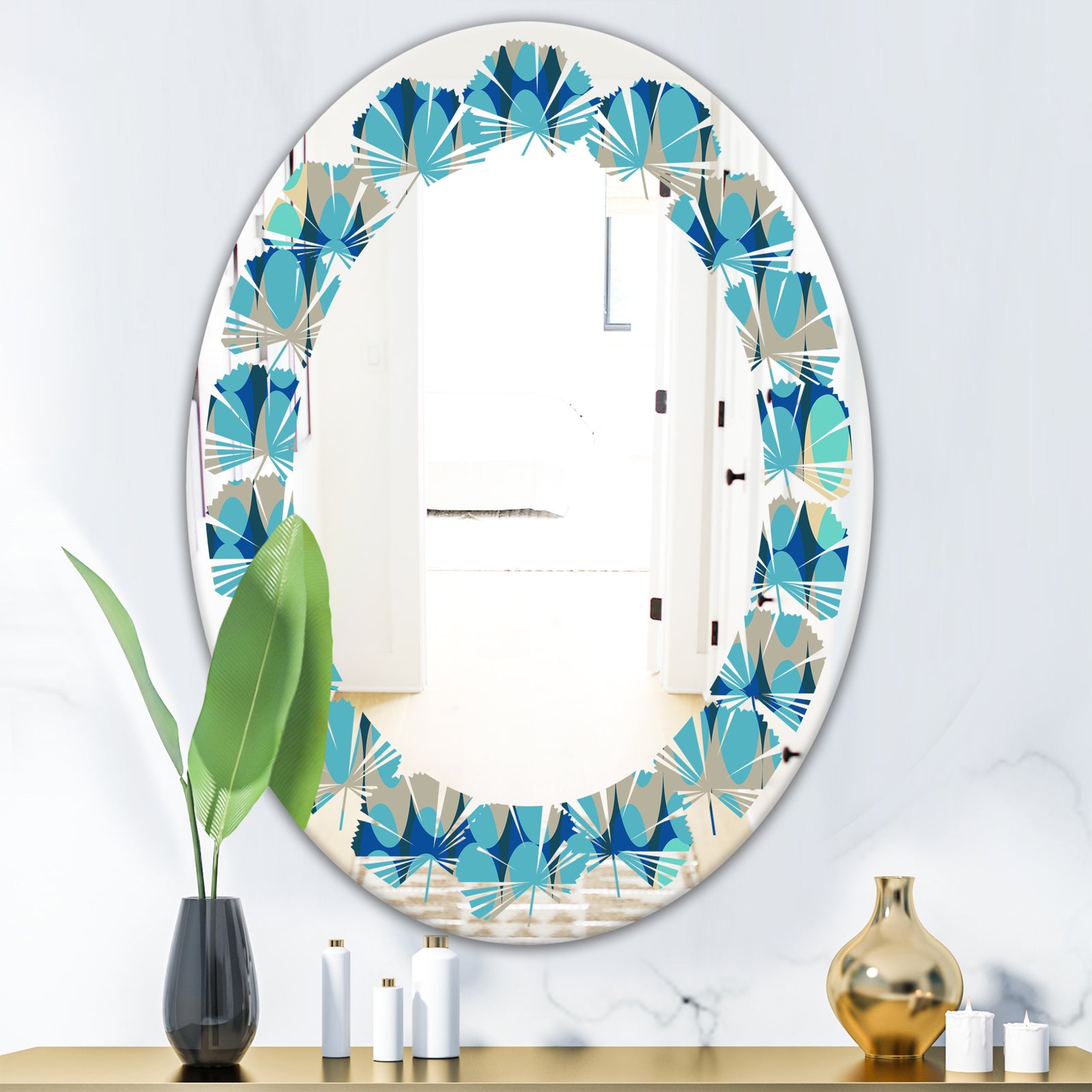 Retro Abstract Design XV - Modern Round or Oval Wall Mirror - Leaves