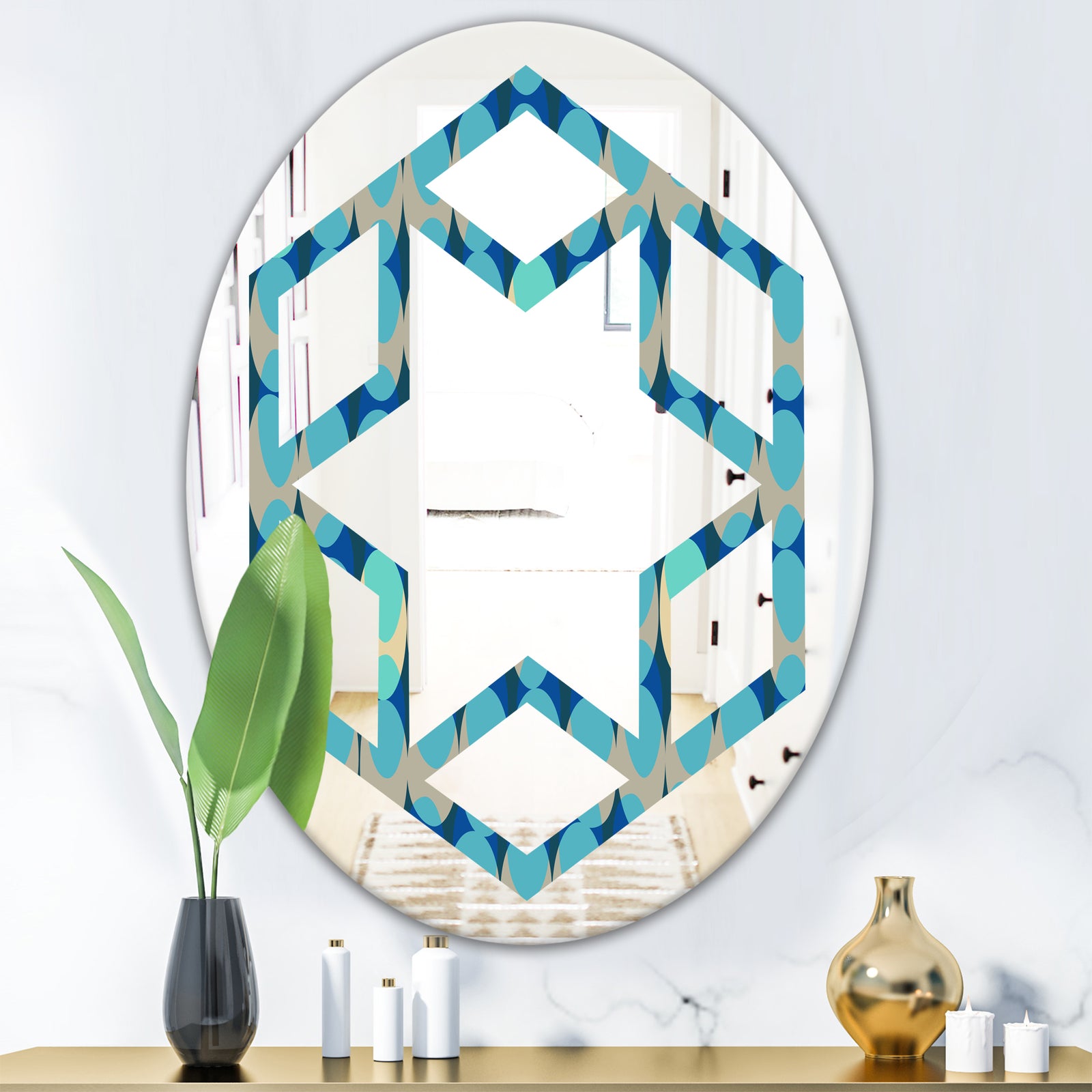 Retro Abstract Design XV - Modern Round or Oval Wall Mirror - Hexagon Star