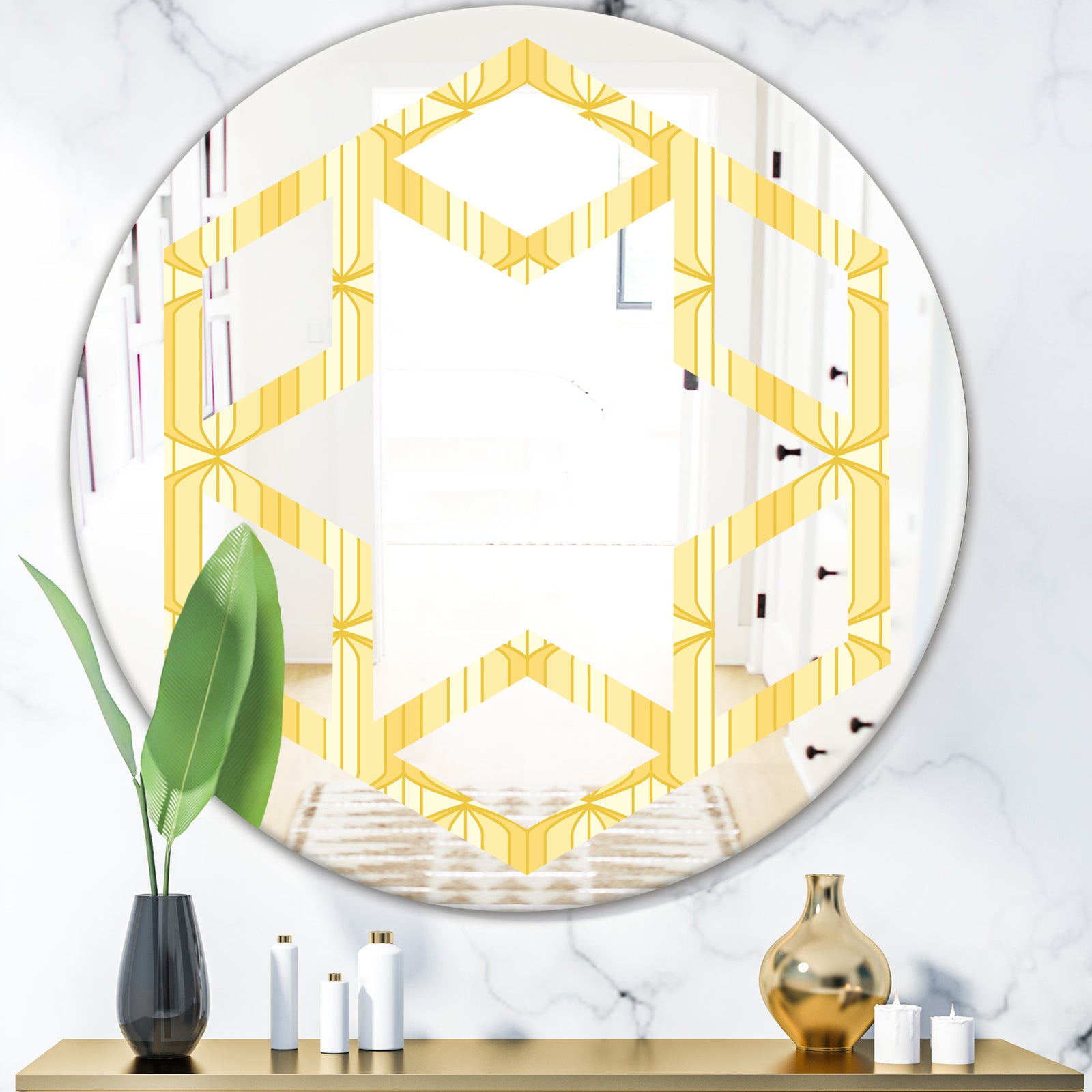 Retro Ornamental Design III - Modern Round or Oval Wall Mirror - Hexagon Star