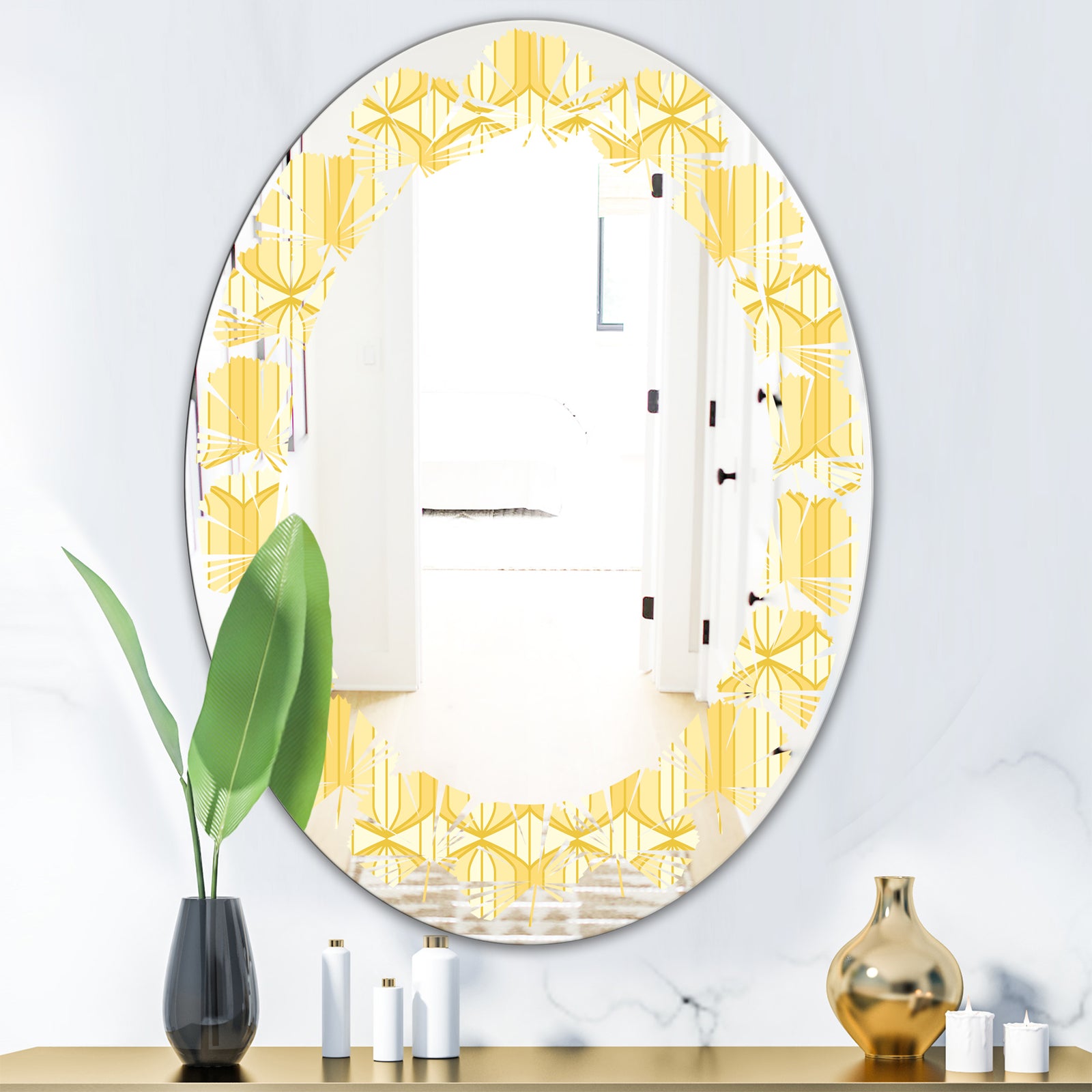 Retro Ornamental Design III - Modern Round or Oval Wall Mirror - Leaves
