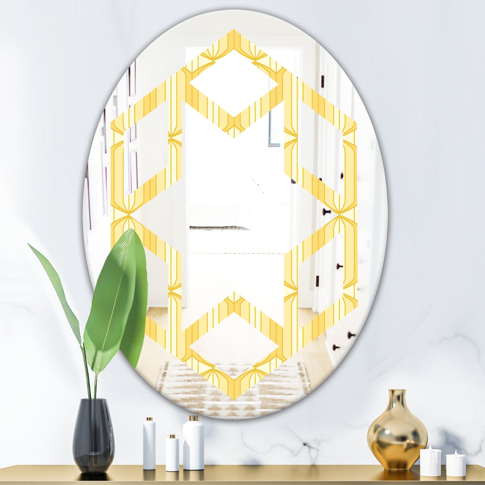 Retro Ornamental Design III - Modern Round or Oval Wall Mirror - Hexagon Star