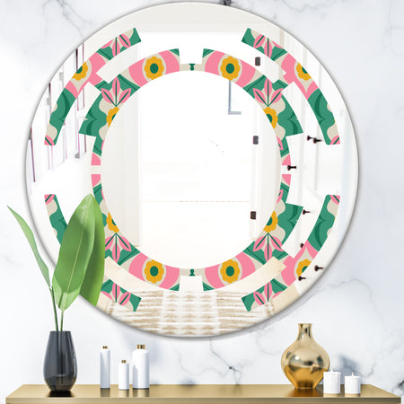 retro pattern with flowers and leaves - Modern Round or Oval Wall Mirror - Space