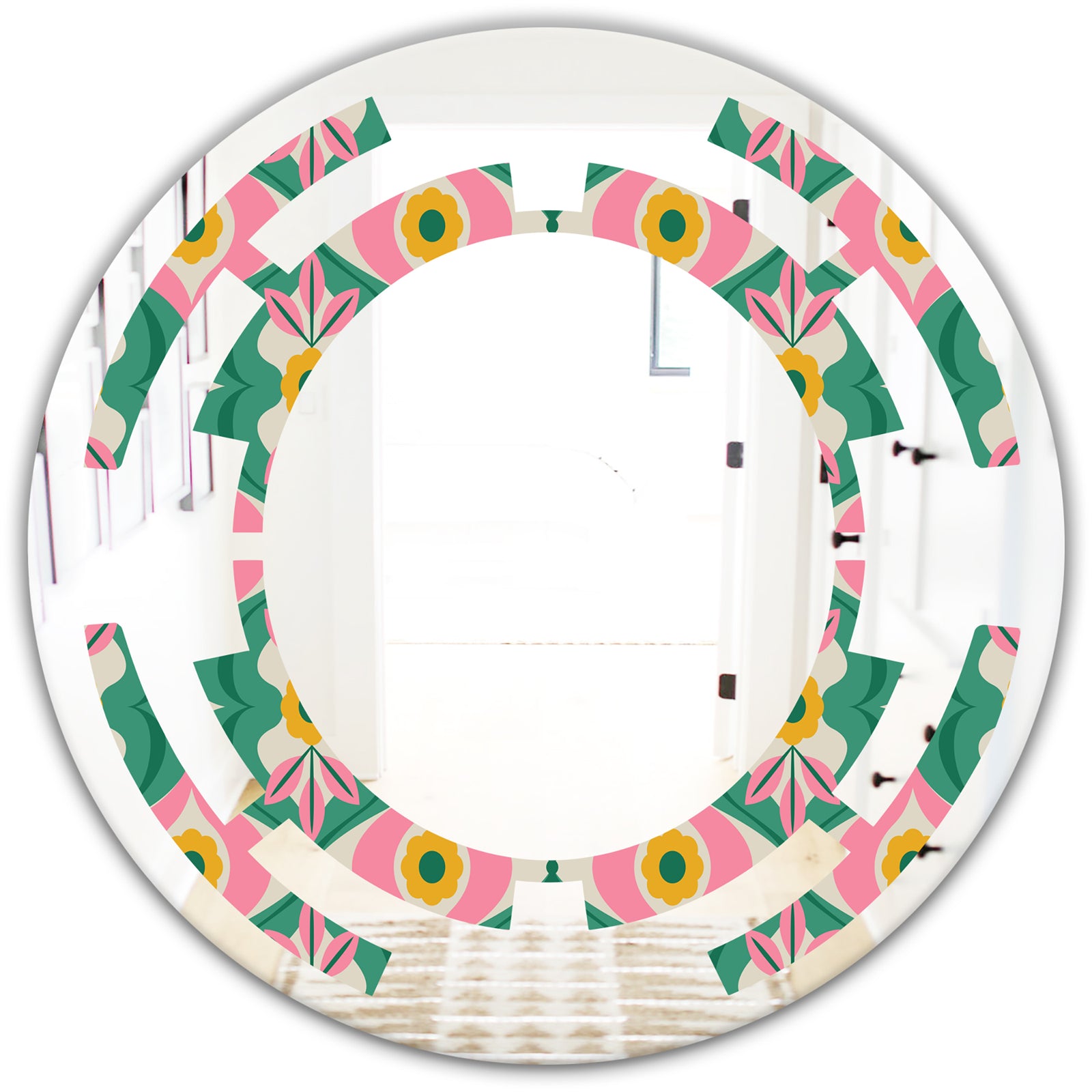 retro pattern with flowers and leaves - Modern Round or Oval Wall Mirror - Space