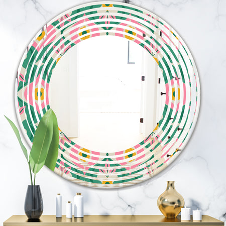 retro pattern with flowers and leaves - Modern Round or Oval Wall Mirror - Wave