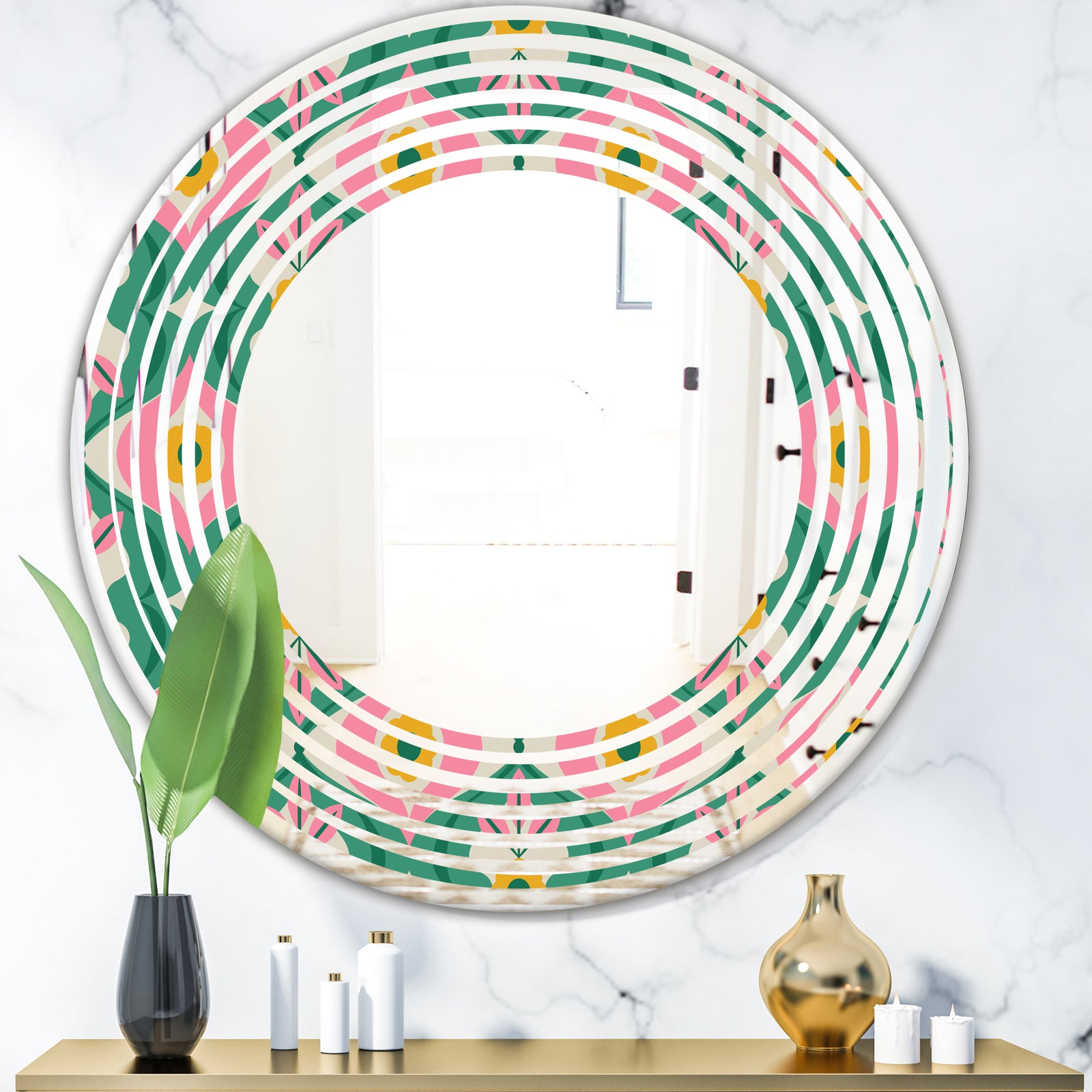 retro pattern with flowers and leaves - Modern Round or Oval Wall Mirror - Wave