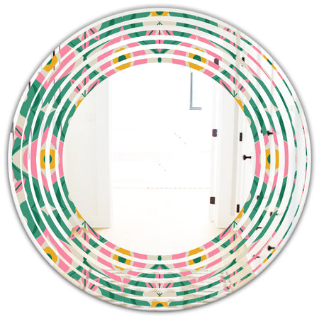 retro pattern with flowers and leaves - Modern Round or Oval Wall Mirror - Wave