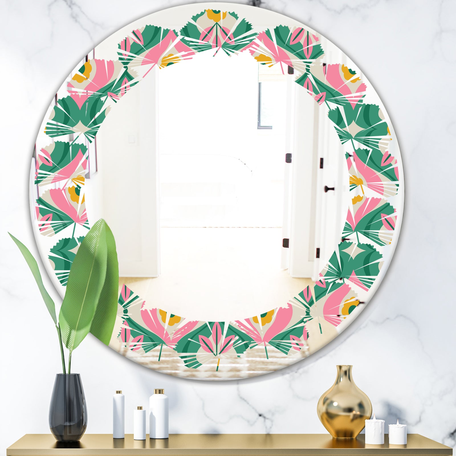 retro pattern with flowers and leaves - Modern Round or Oval Wall Mirror - Leaves