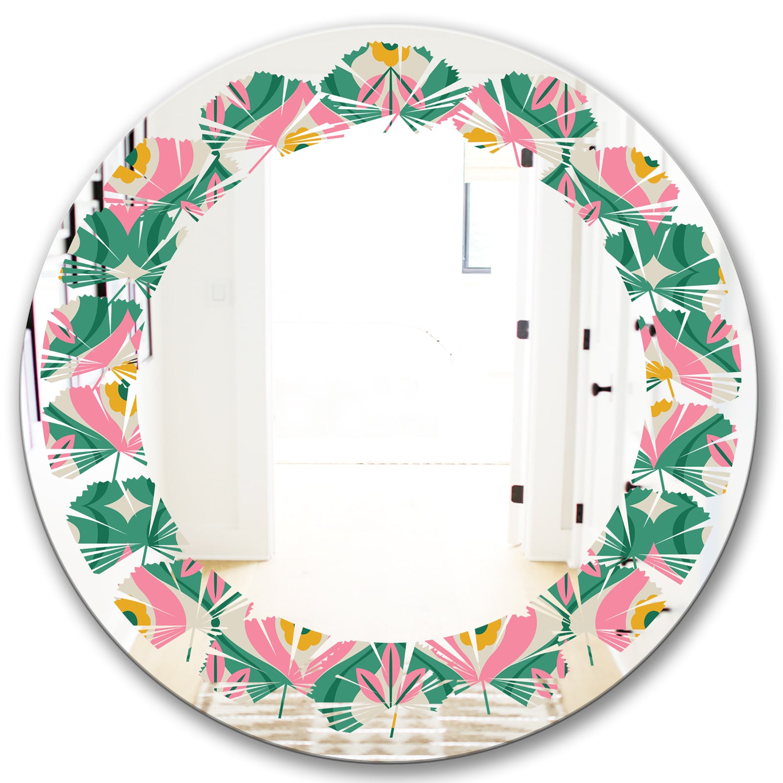retro pattern with flowers and leaves - Modern Round or Oval Wall Mirror - Leaves
