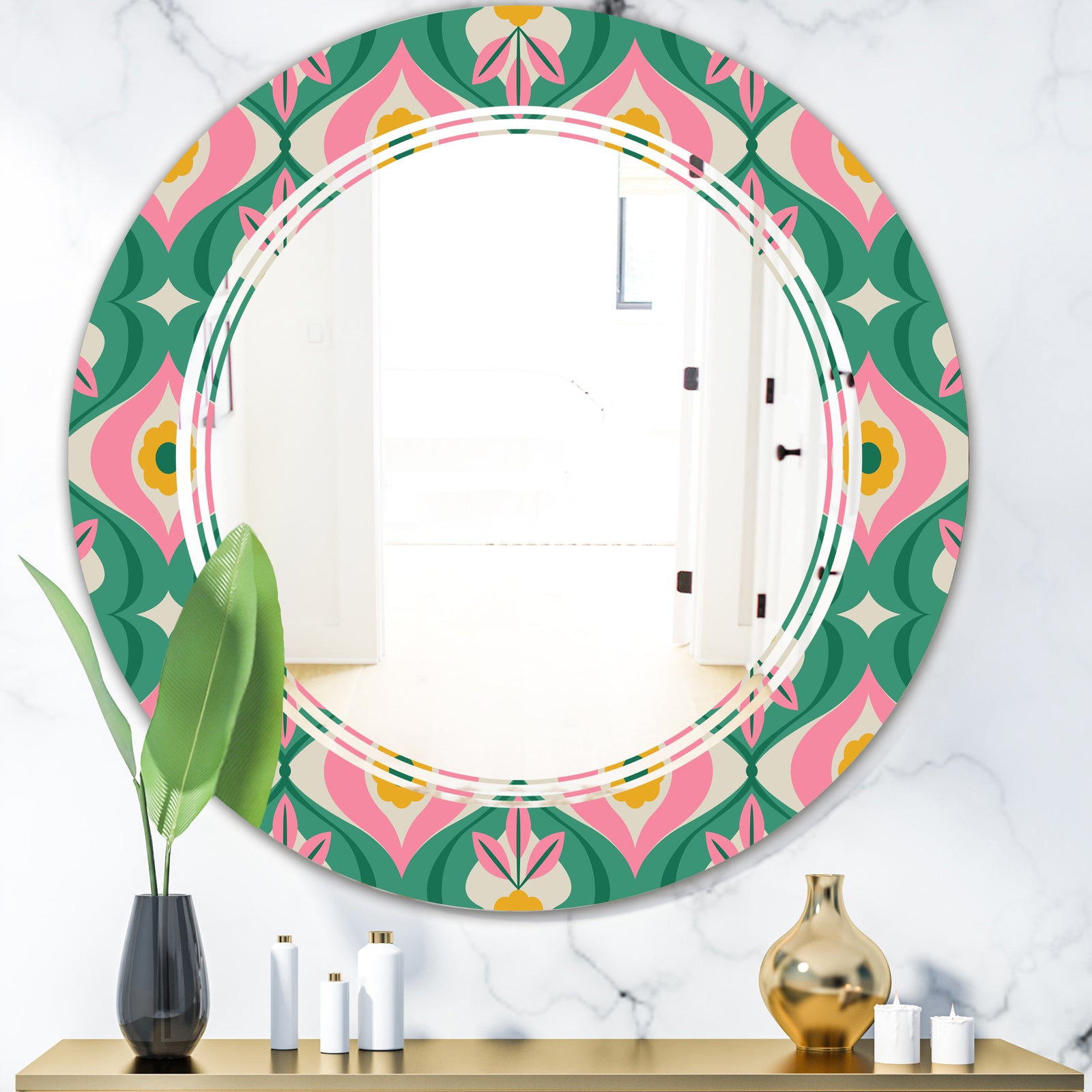 retro pattern with flowers and leaves - Modern Round or Oval Wall Mirror - Triple C