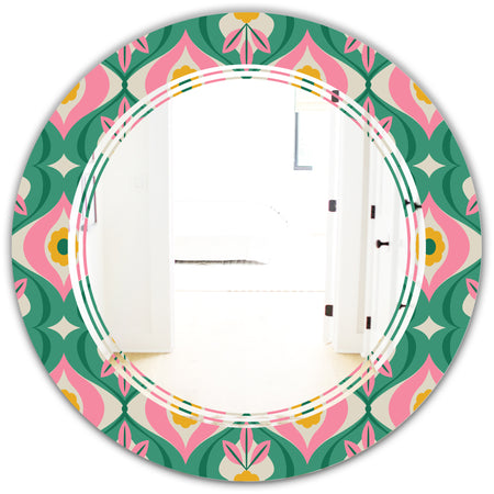 retro pattern with flowers and leaves - Modern Round or Oval Wall Mirror - Triple C