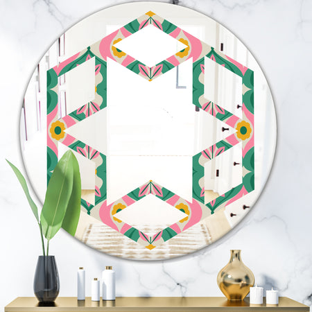 retro pattern with flowers and leaves - Modern Round or Oval Wall Mirror - Hexagon Star
