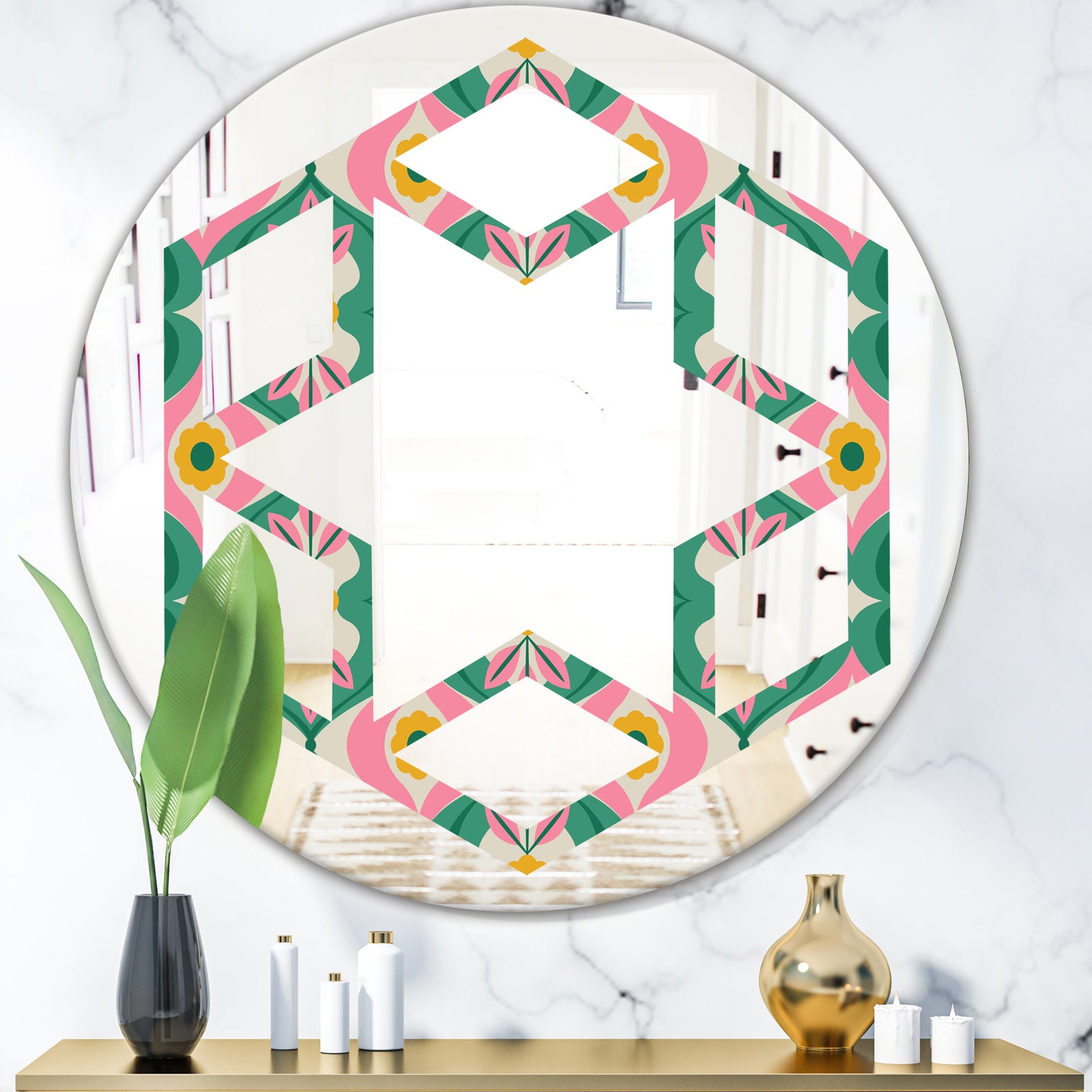 retro pattern with flowers and leaves - Modern Round or Oval Wall Mirror - Hexagon Star