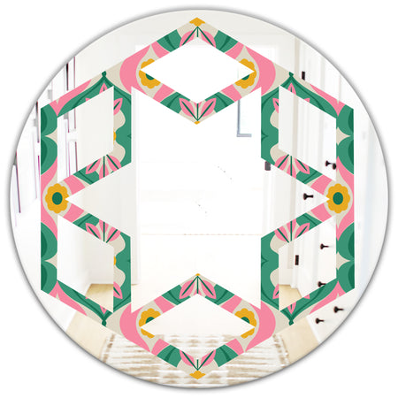 retro pattern with flowers and leaves - Modern Round or Oval Wall Mirror - Hexagon Star