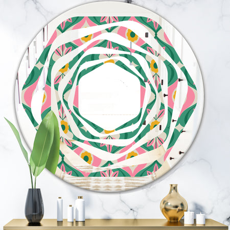 retro pattern with flowers and leaves - Modern Round or Oval Wall Mirror - Whirl
