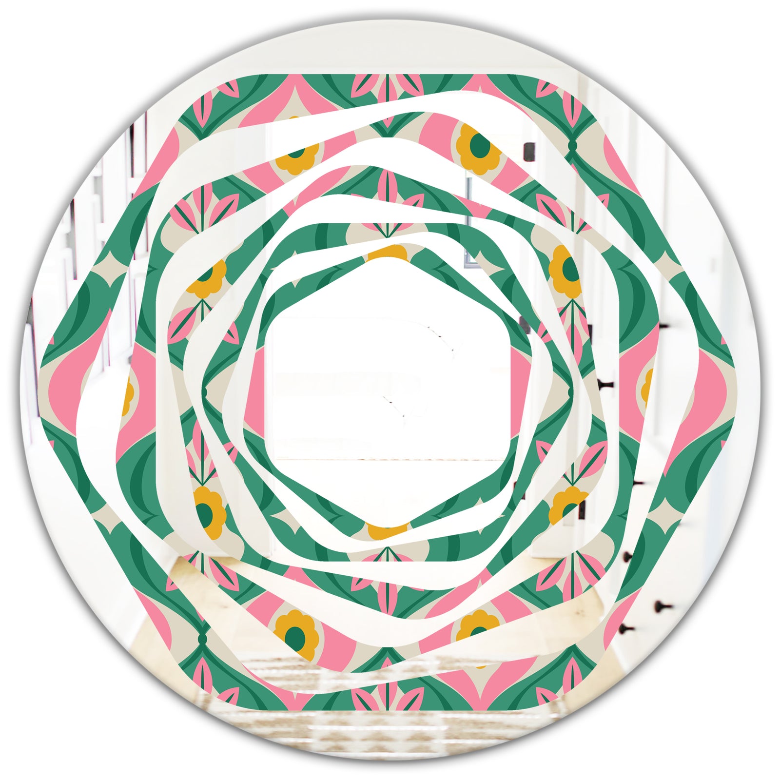 retro pattern with flowers and leaves - Modern Round or Oval Wall Mirror - Whirl