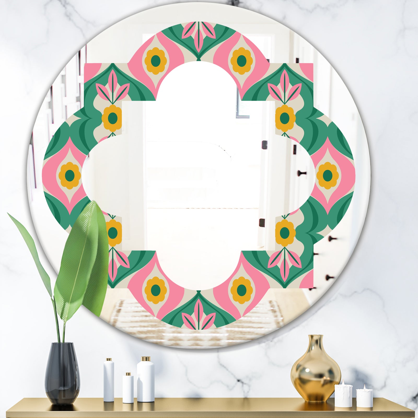 retro pattern with flowers and leaves - Modern Round or Oval Wall Mirror - Quatrefoil