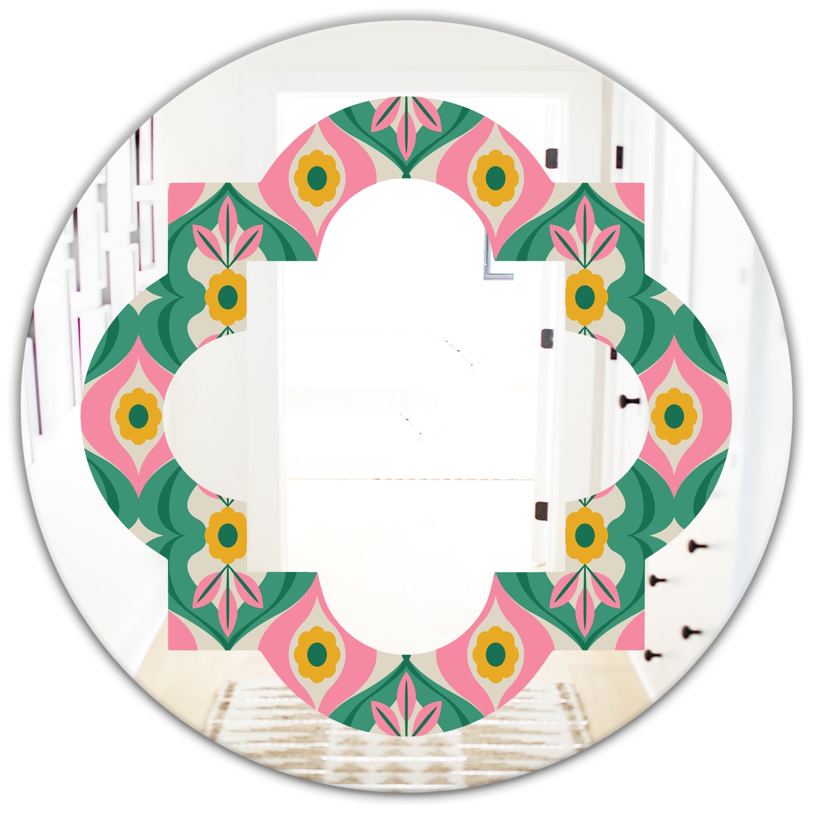 retro pattern with flowers and leaves - Modern Round or Oval Wall Mirror - Quatrefoil