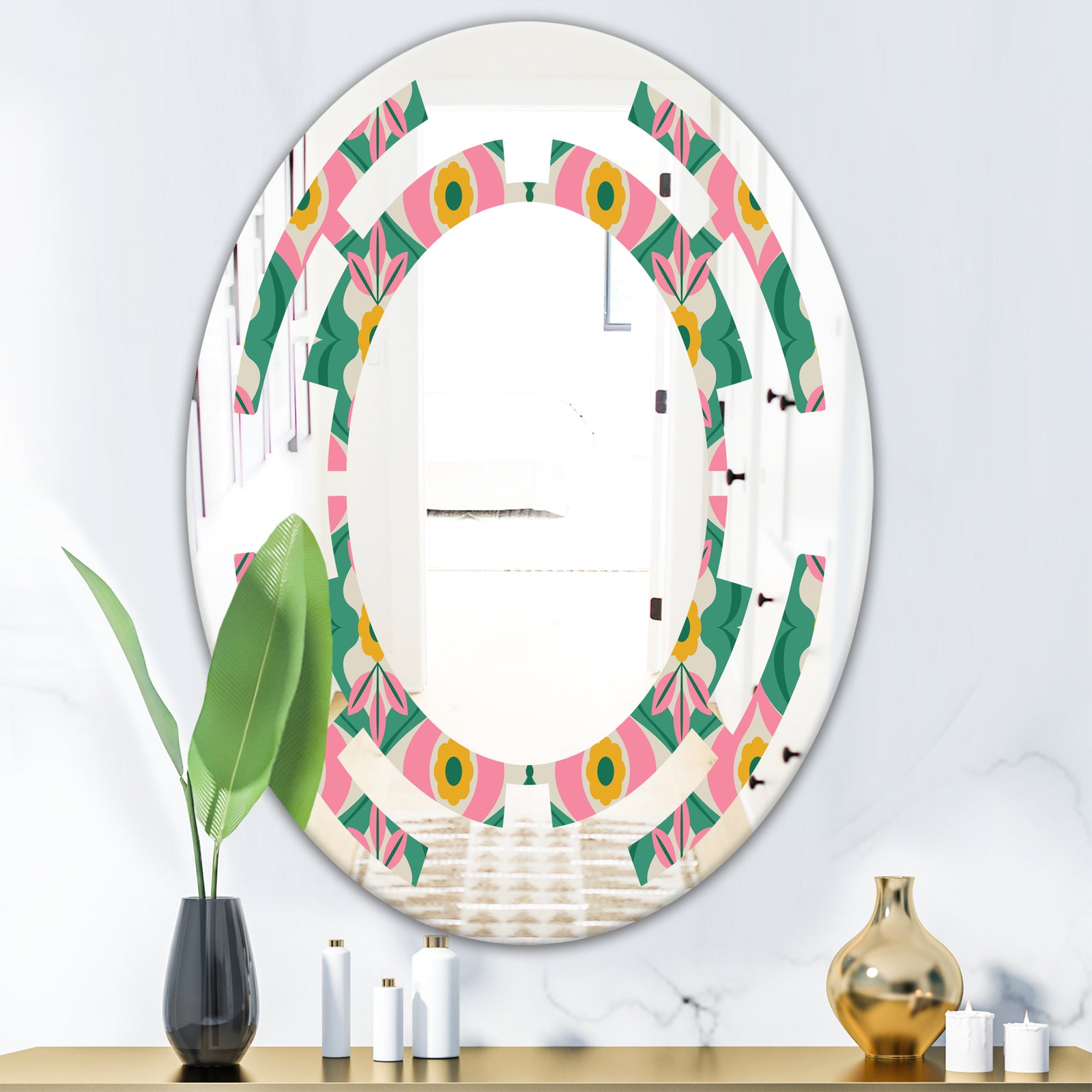 retro pattern with flowers and leaves - Modern Round or Oval Wall Mirror - Space