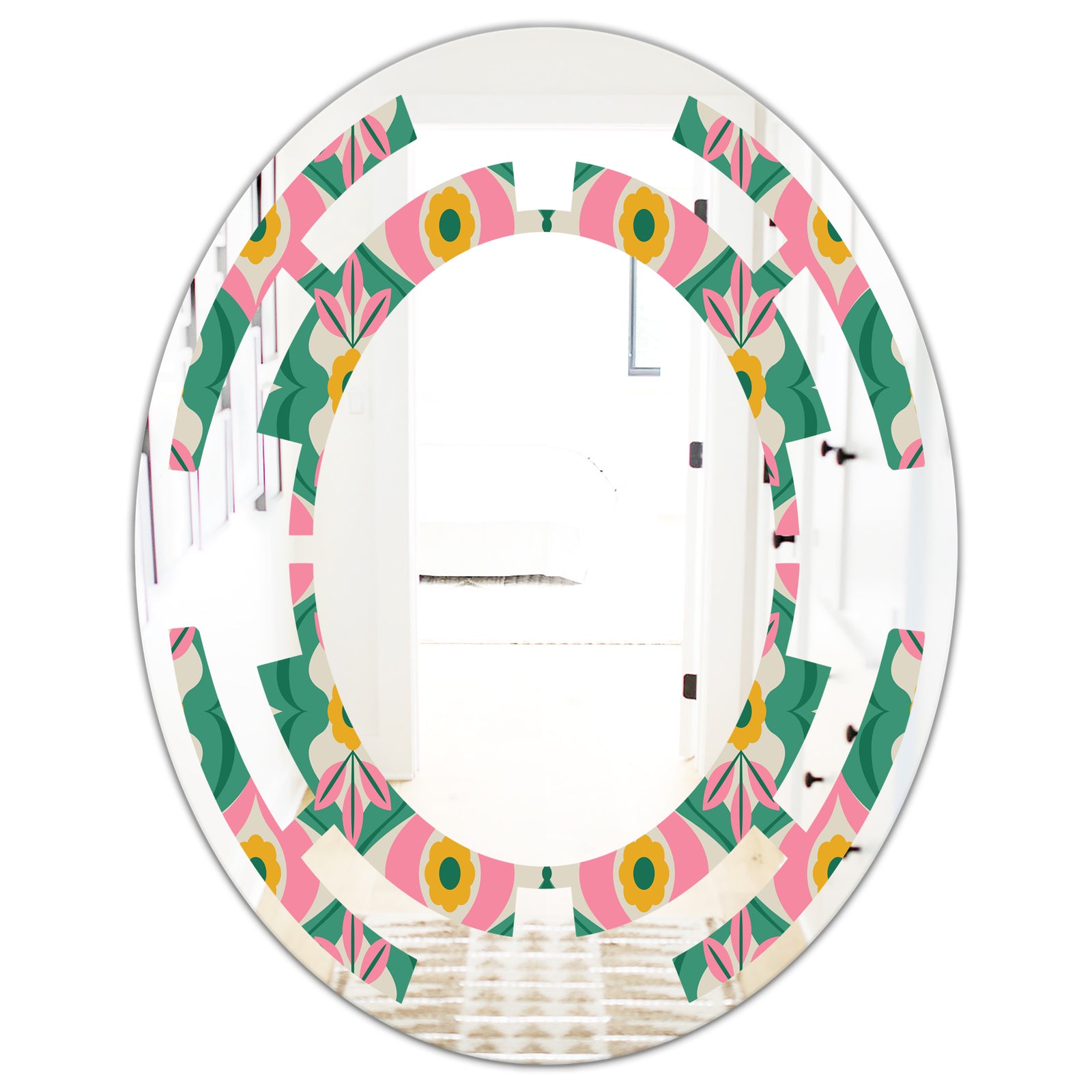 retro pattern with flowers and leaves - Modern Round or Oval Wall Mirror - Space