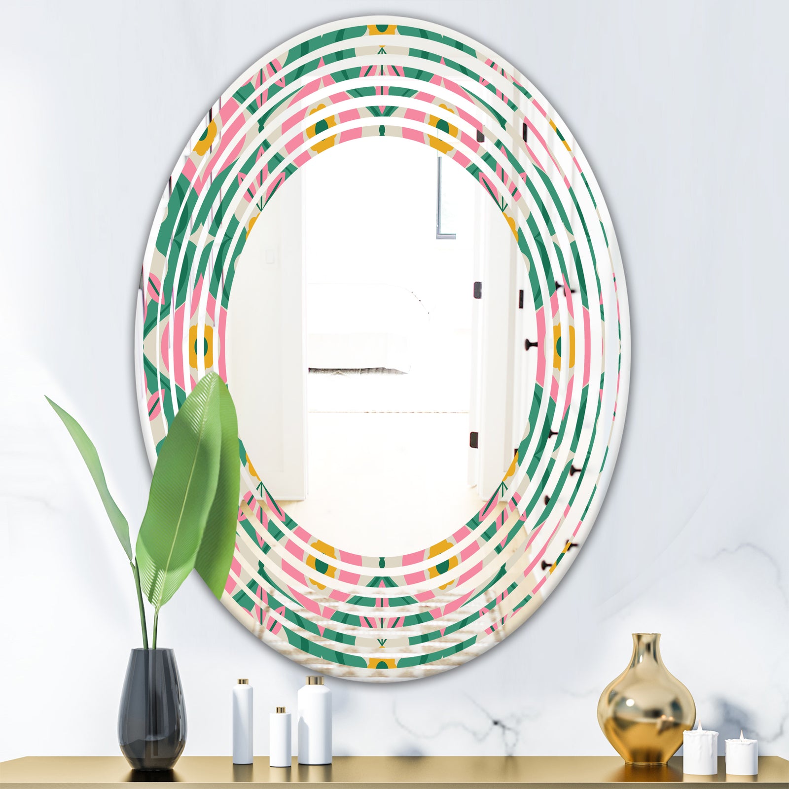 retro pattern with flowers and leaves - Modern Round or Oval Wall Mirror - Wave
