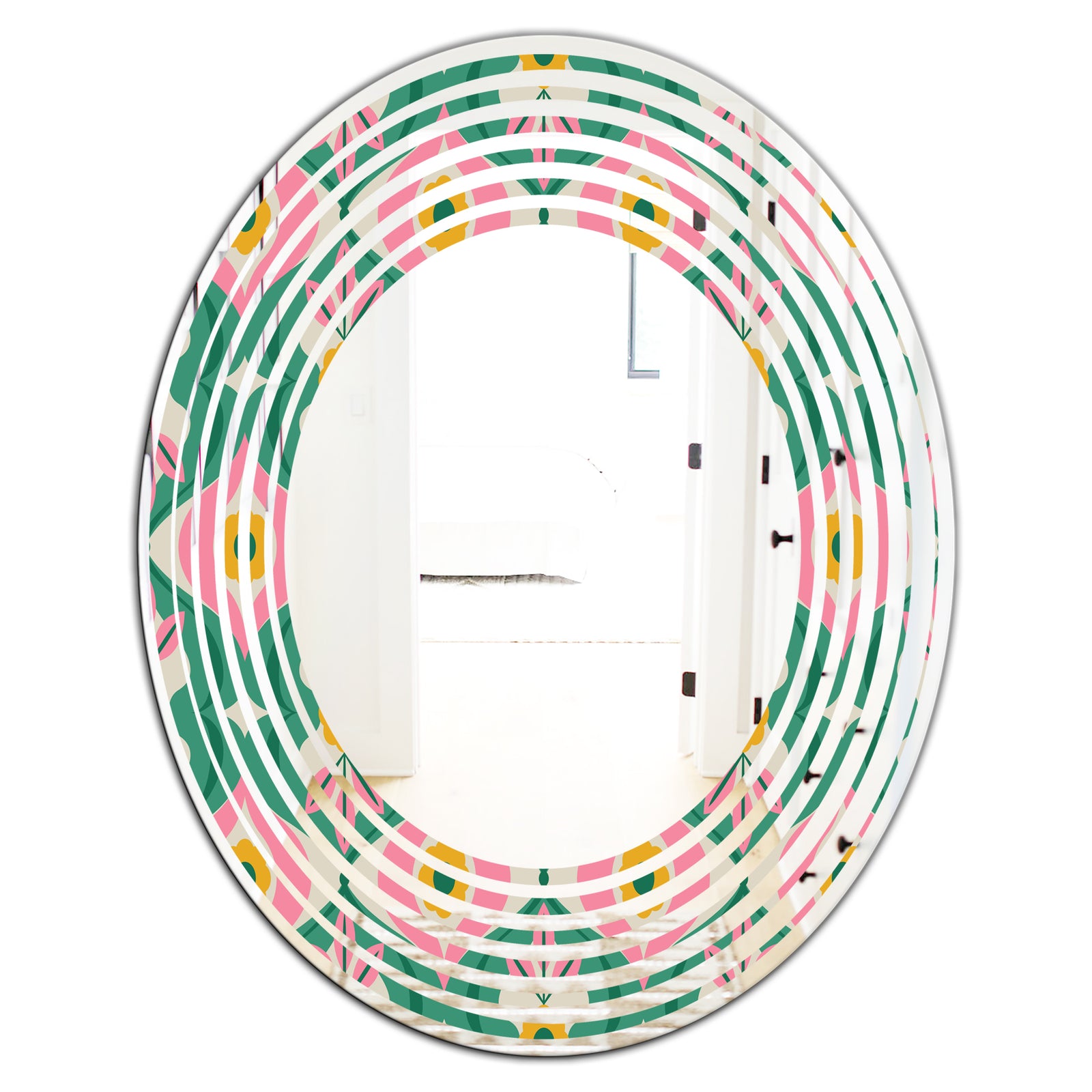 retro pattern with flowers and leaves - Modern Round or Oval Wall Mirror - Wave