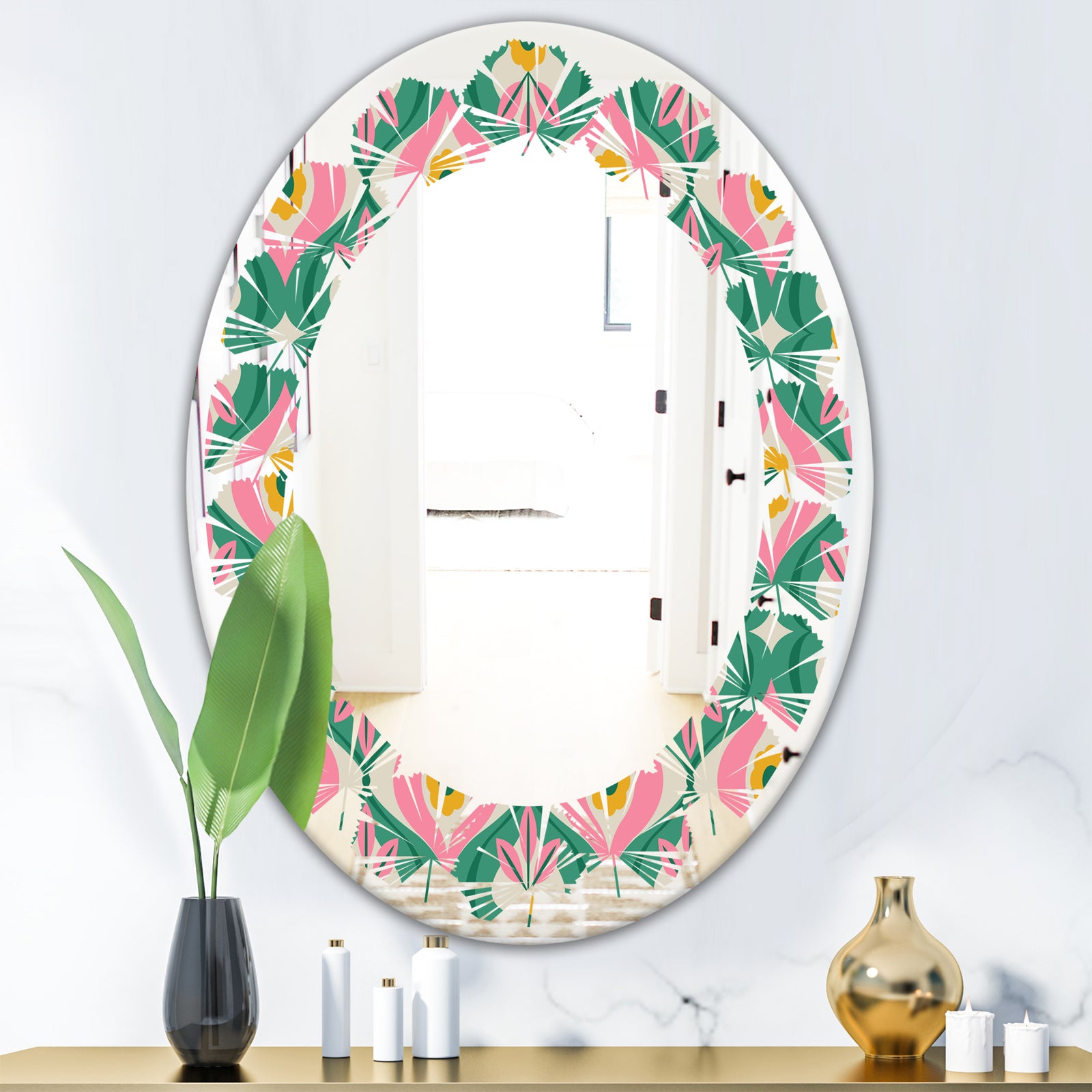 retro pattern with flowers and leaves - Modern Round or Oval Wall Mirror - Leaves